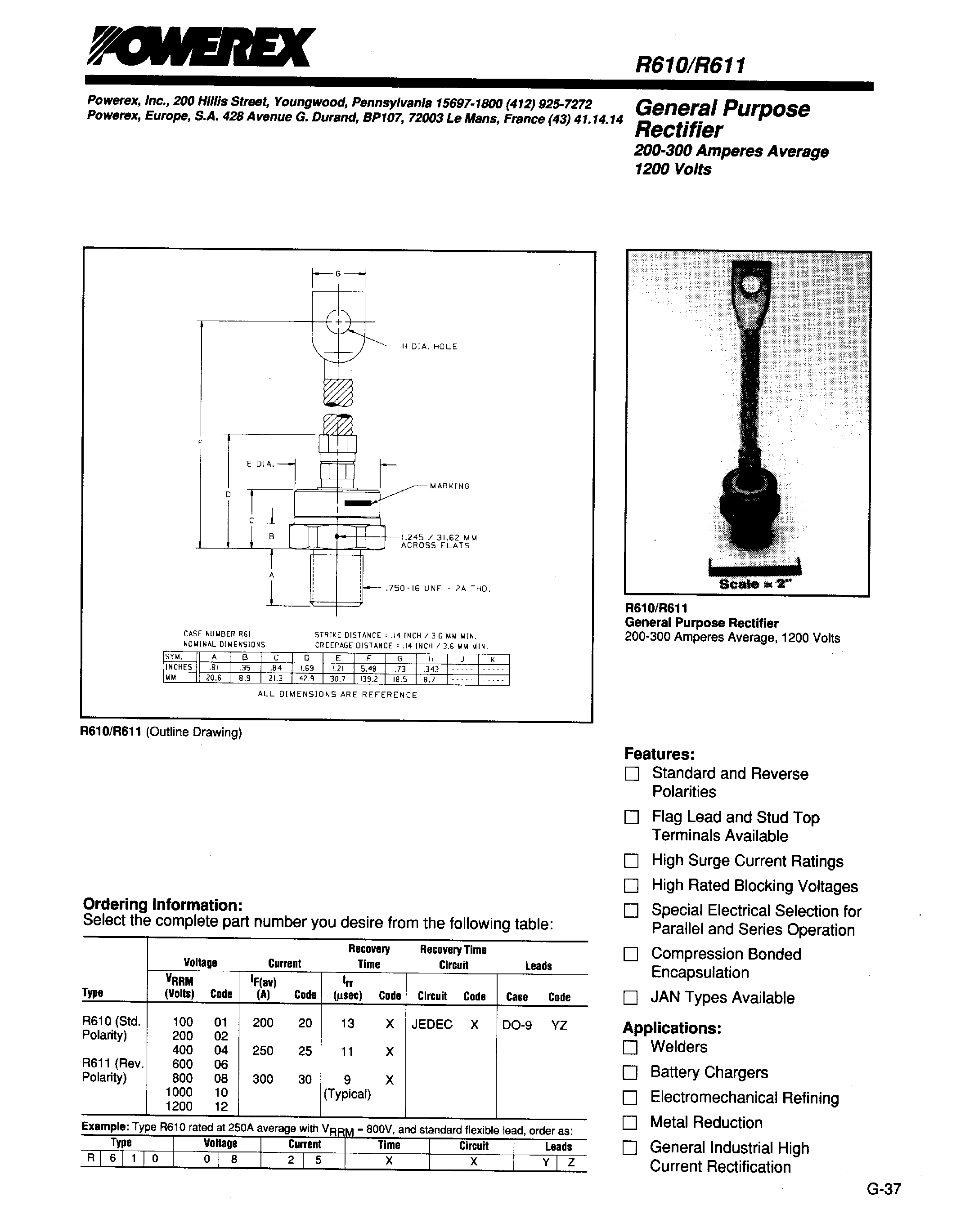 Даташит R6100820 - General Purpose Rectifier (200-300 Amperes Average 1200 Volts) страница 1