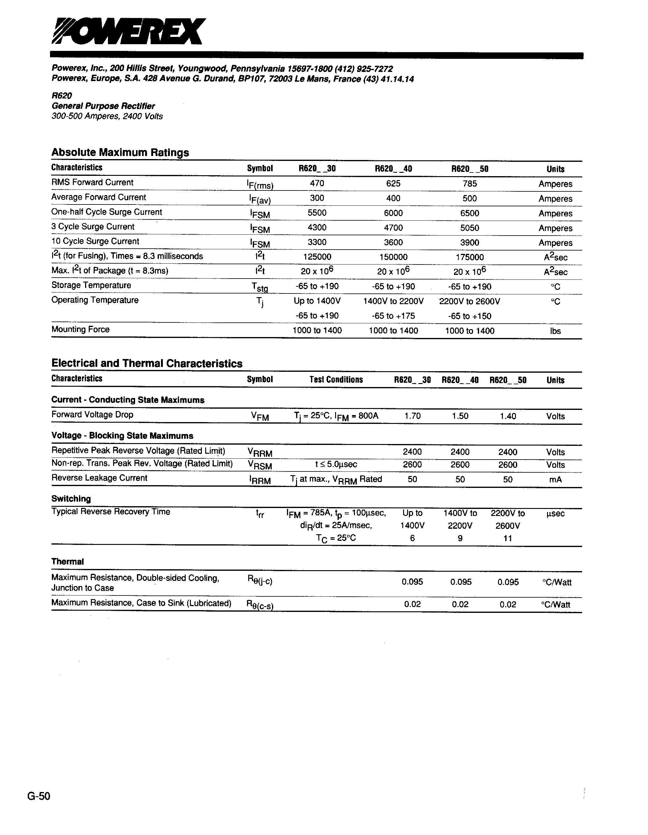 Даташит R6200850 - General Purpose Rectifier (300-500 Amperes Average 2400 Volts) страница 2