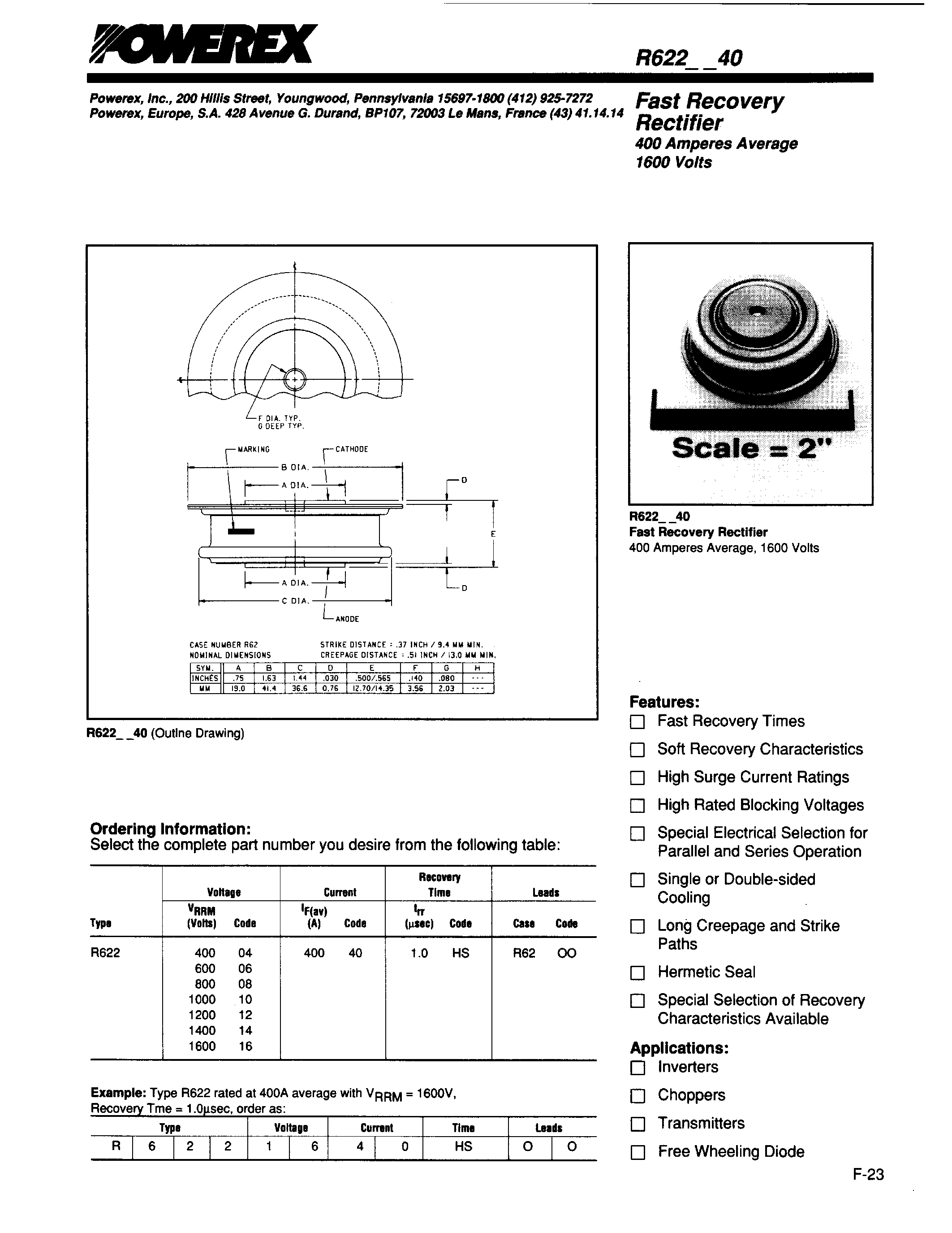 Даташит R6220440 - Fast Recovery Rectifier (400 Amperes Average 1600 Volts) страница 1
