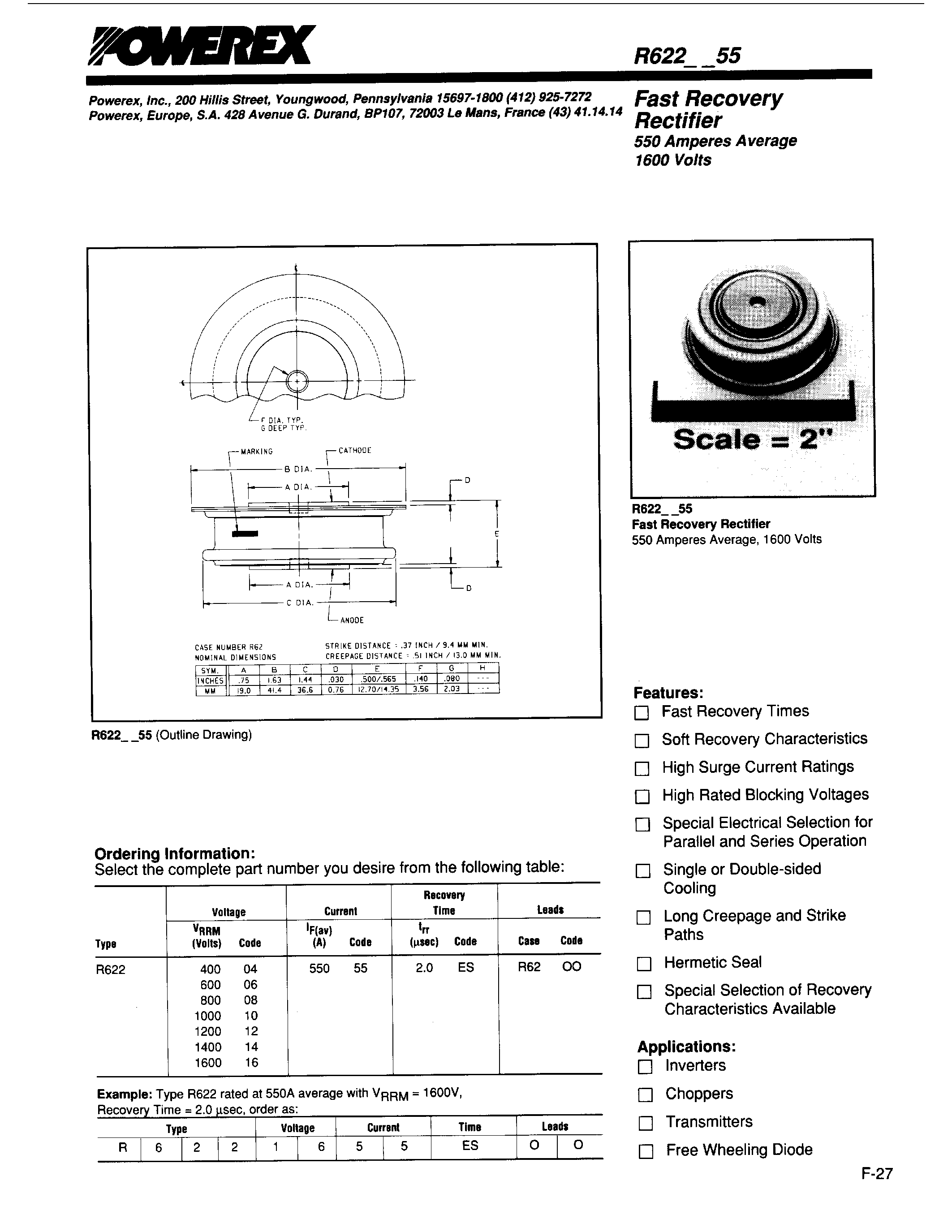 Даташит R6220455 - Fast Recovery Rectifier (550Amperes Average 1600 Volts) страница 1