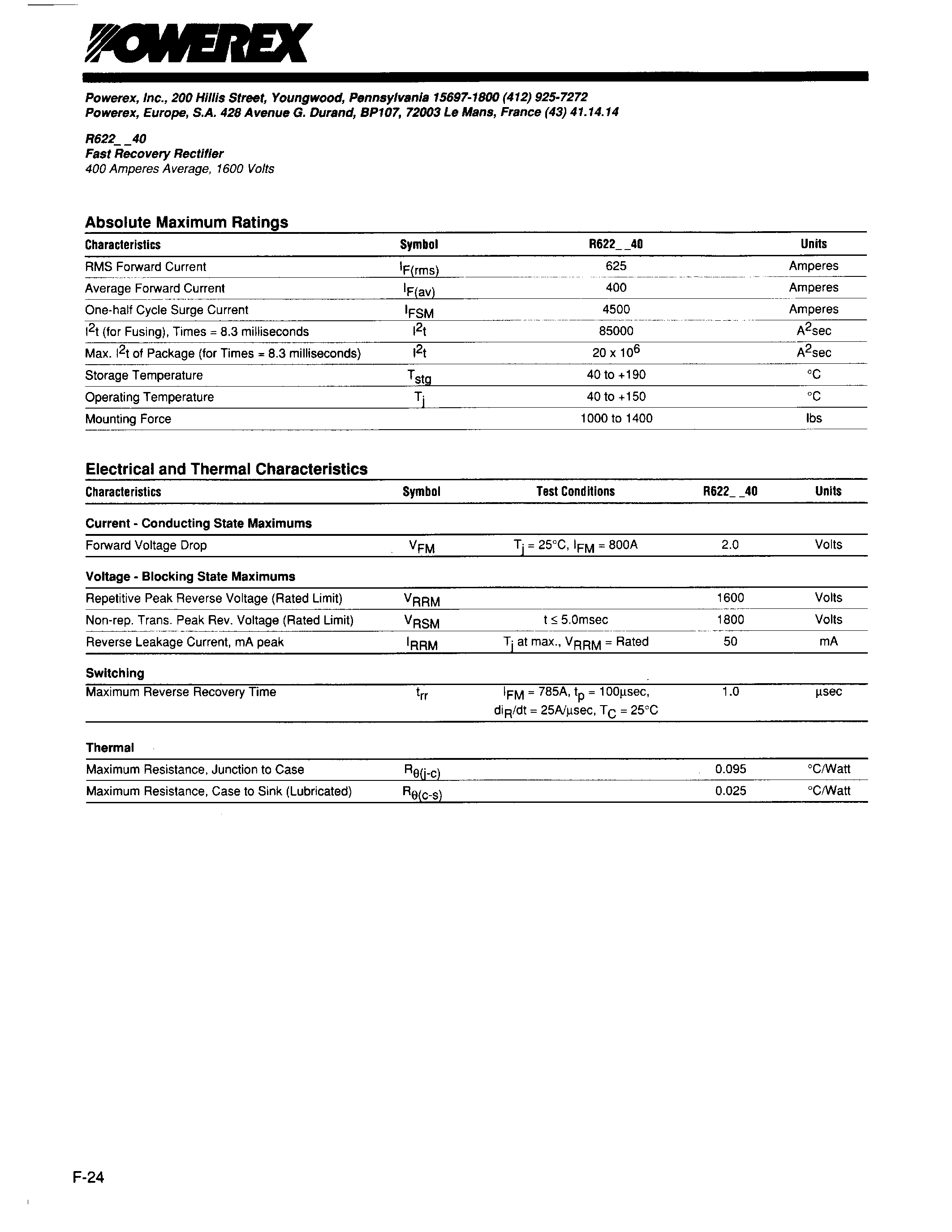 Даташит R6220640 - Fast Recovery Rectifier (400 Amperes Average 1600 Volts) страница 2