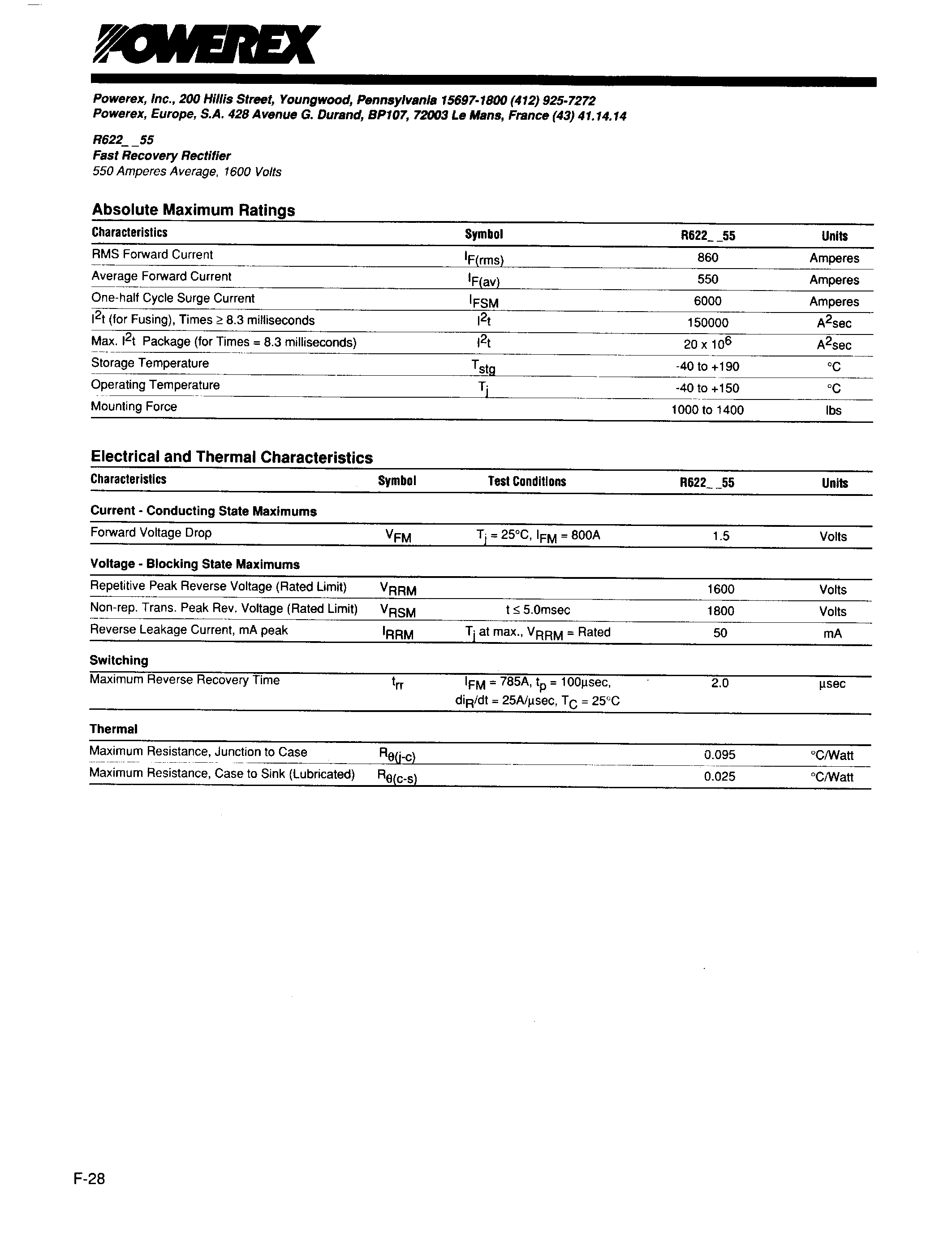 Даташит R6221255 - Fast Recovery Rectifier (550Amperes Average 1600 Volts) страница 2