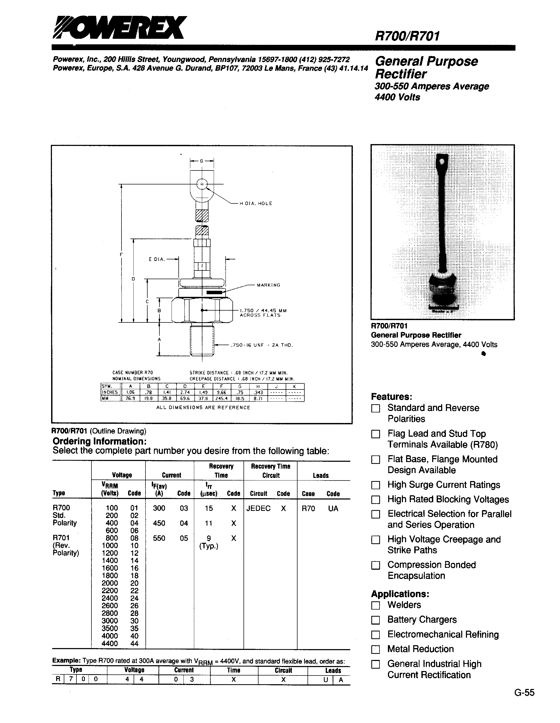 Даташит R7002605 - General Purpose Rectifier (300-550 Amperes Average 4400 Volts) страница 1