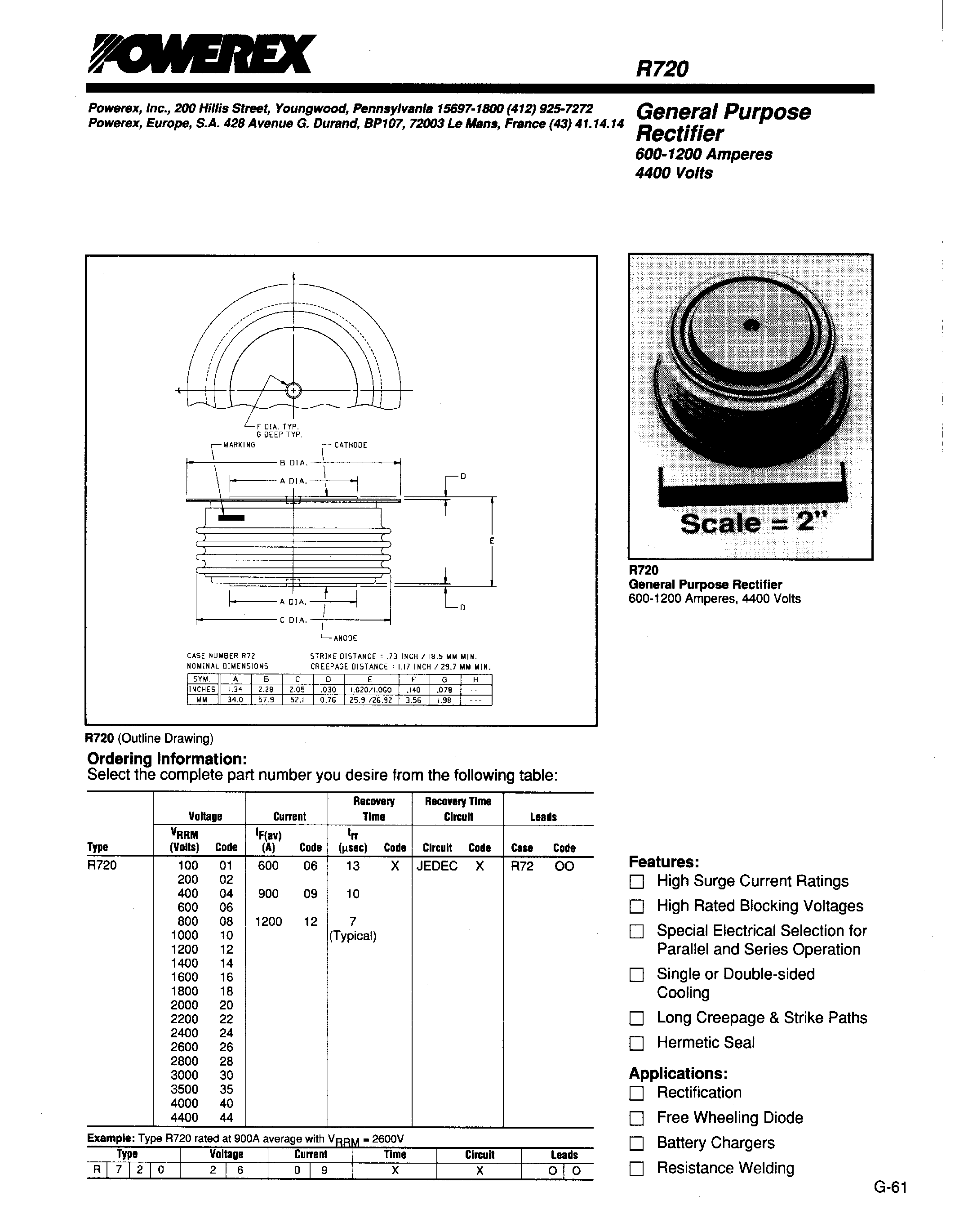 Даташит R7201012 - General Purpose Rectifier (600-1200 Amperes Average 4400 Volts) страница 1