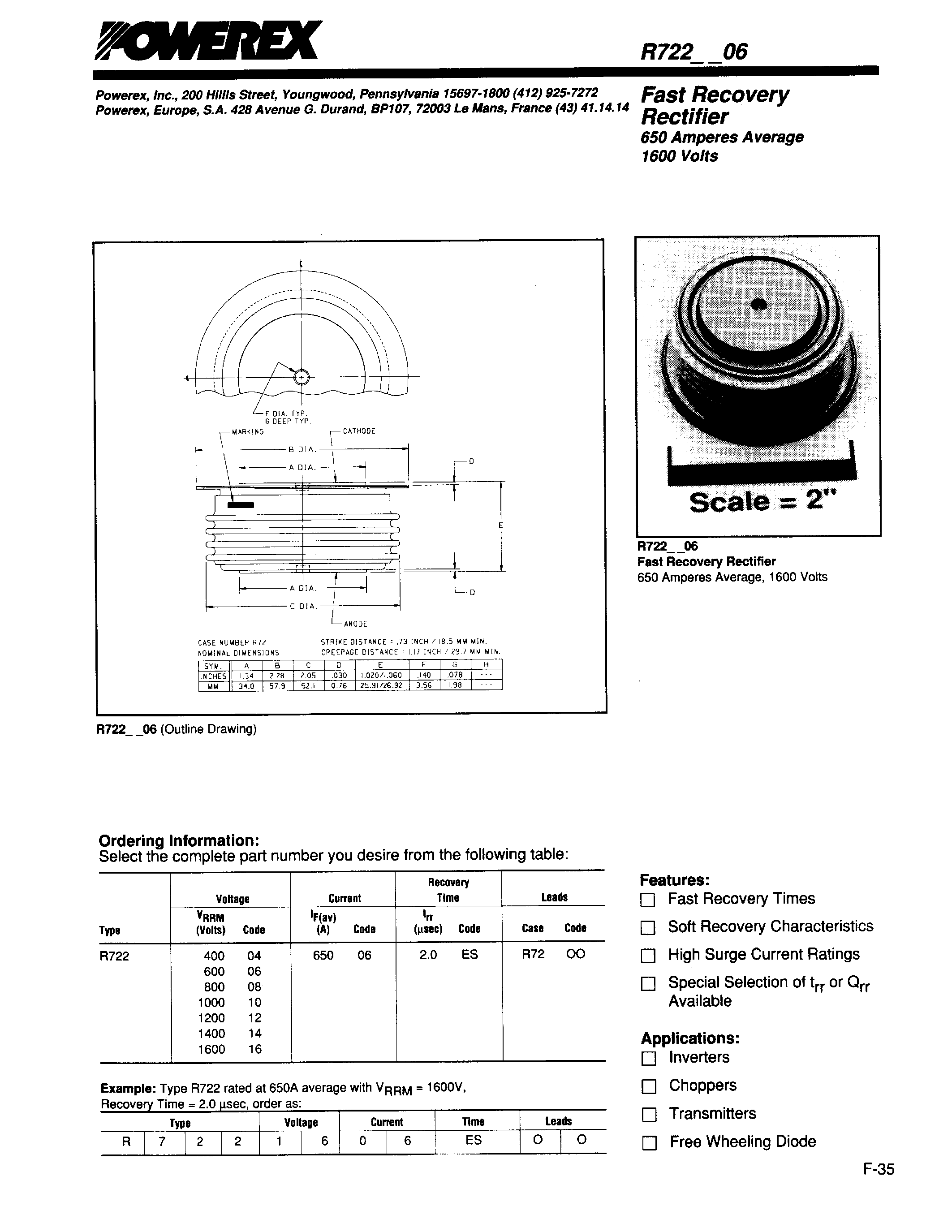 Даташит R7220406 - Fast Recovery Rectifier (650Amperes Average 1600 Volts) страница 1