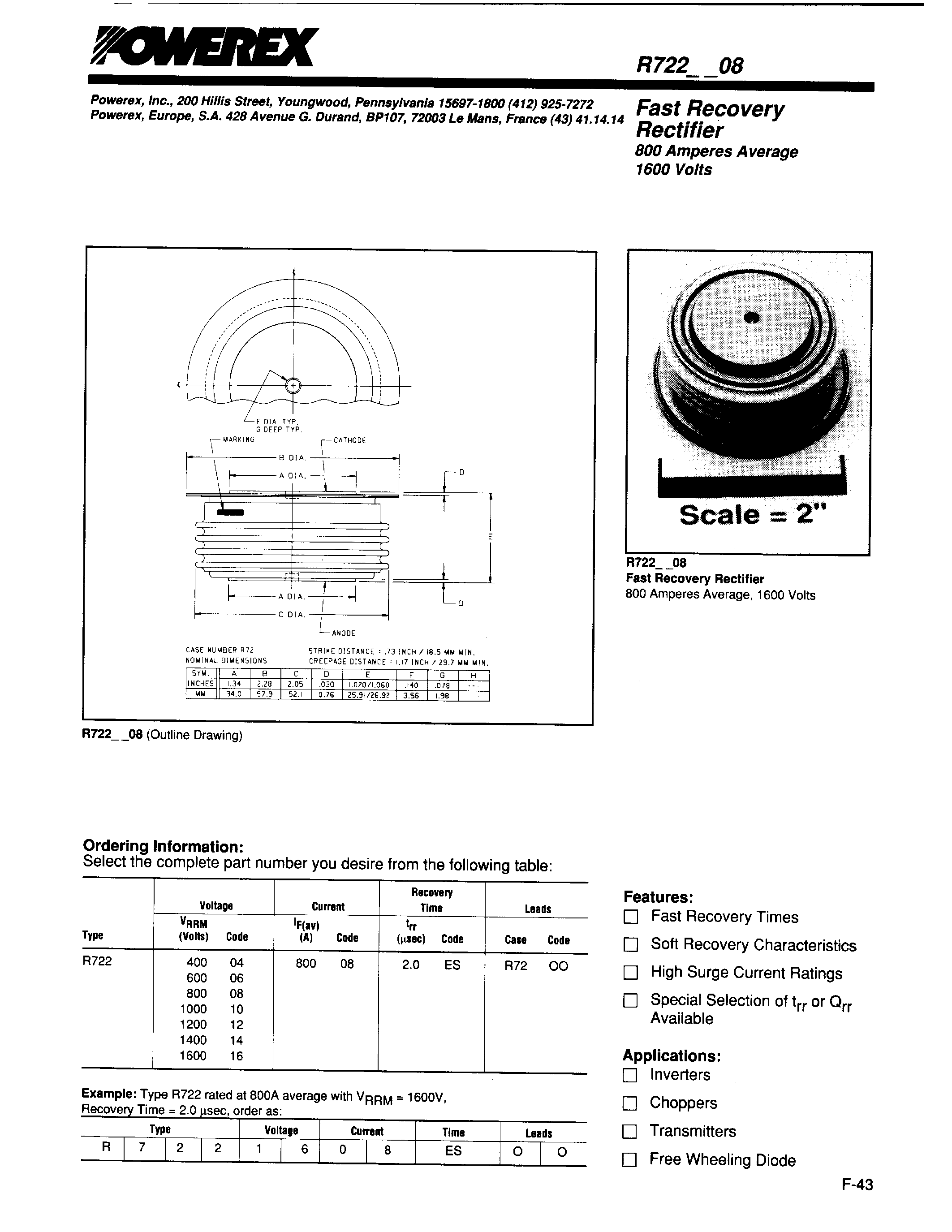 Даташит R7221208 - Fast Recovery Rectifier (800Amperes Average 1600 Volts) страница 1