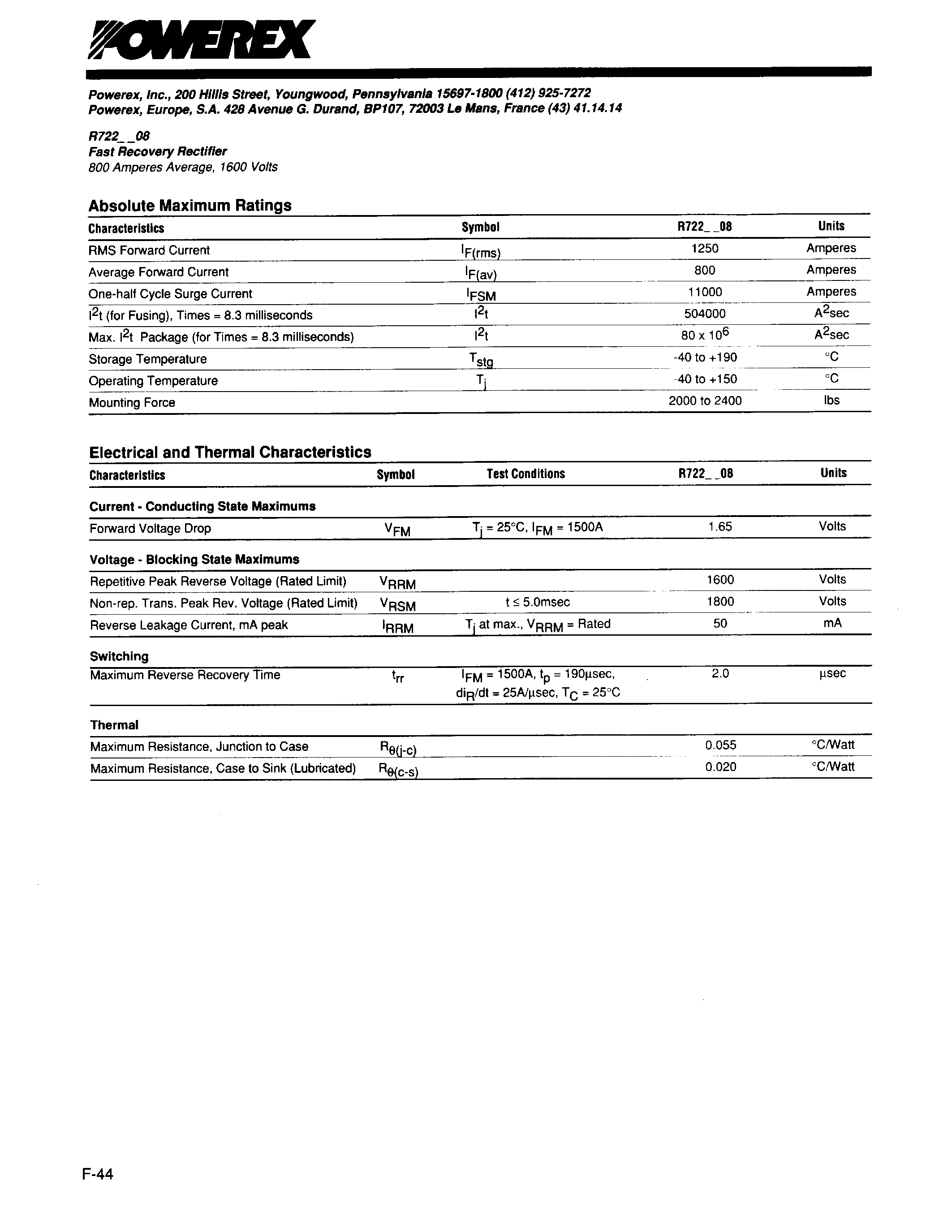 Даташит R7221408 - Fast Recovery Rectifier (800Amperes Average 1600 Volts) страница 2