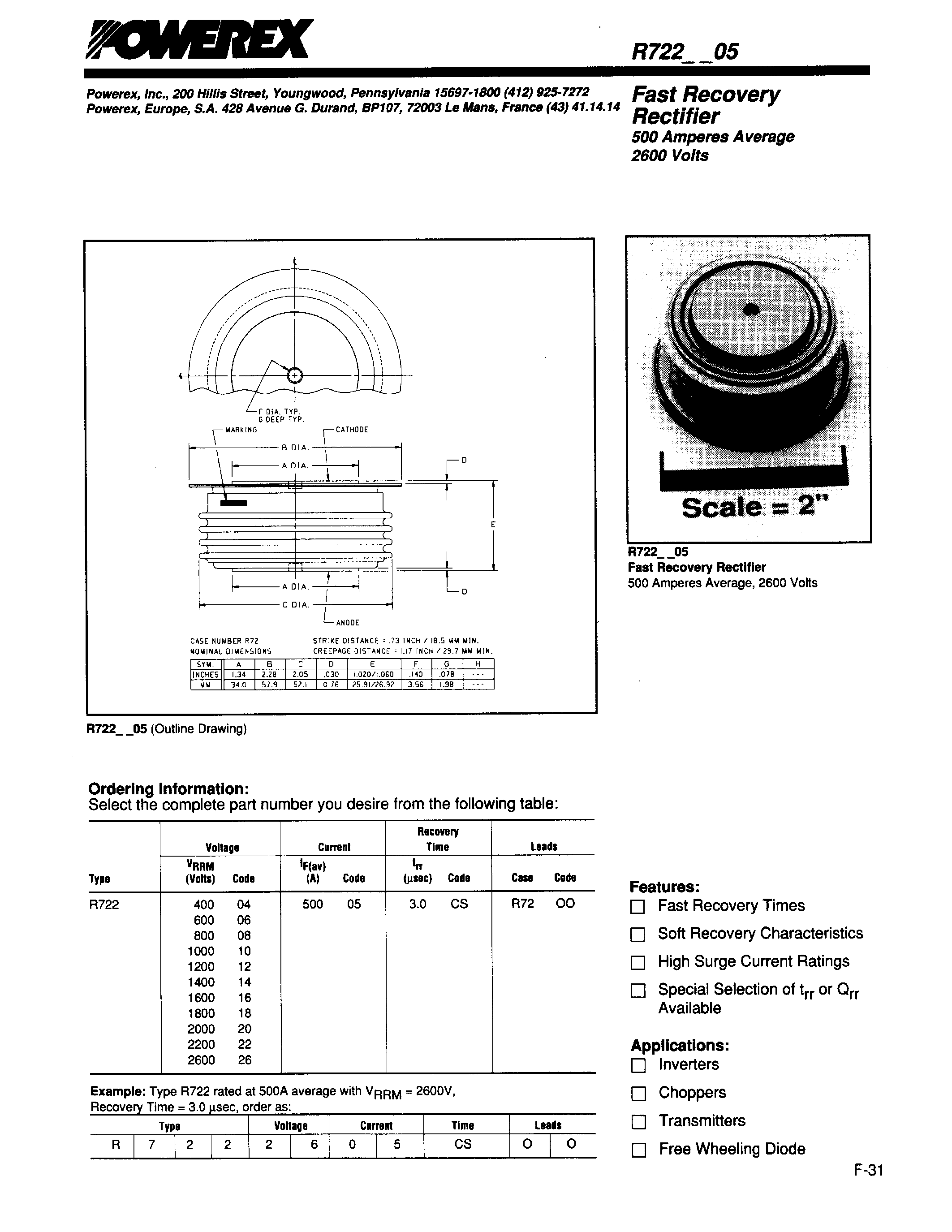 Даташит R7221805 - Fast Recovery Rectifier (500 Amperes Average 2600 Volts) страница 1