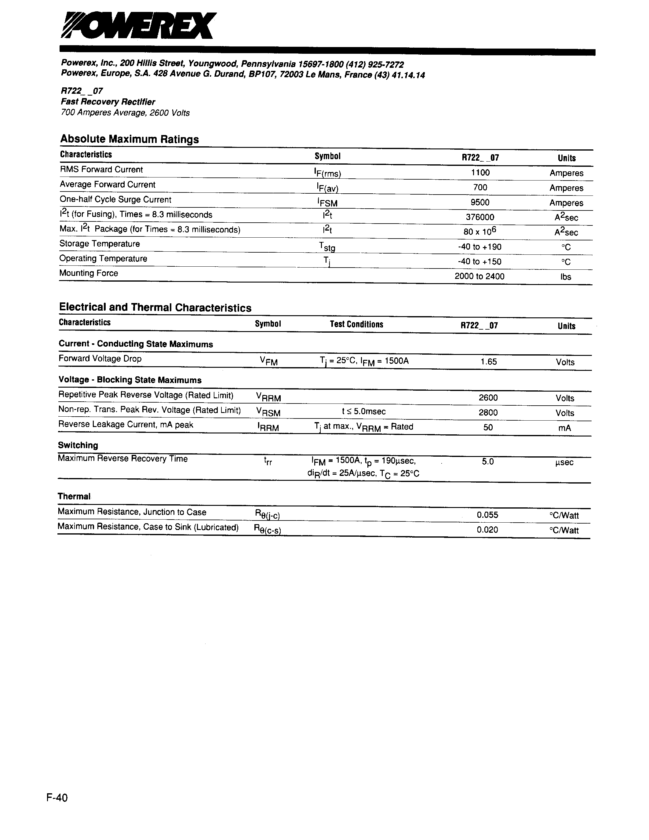 Даташит R7222207 - Fast Recovery Rectifier (700 Amperes Average 2600 Volts) страница 2