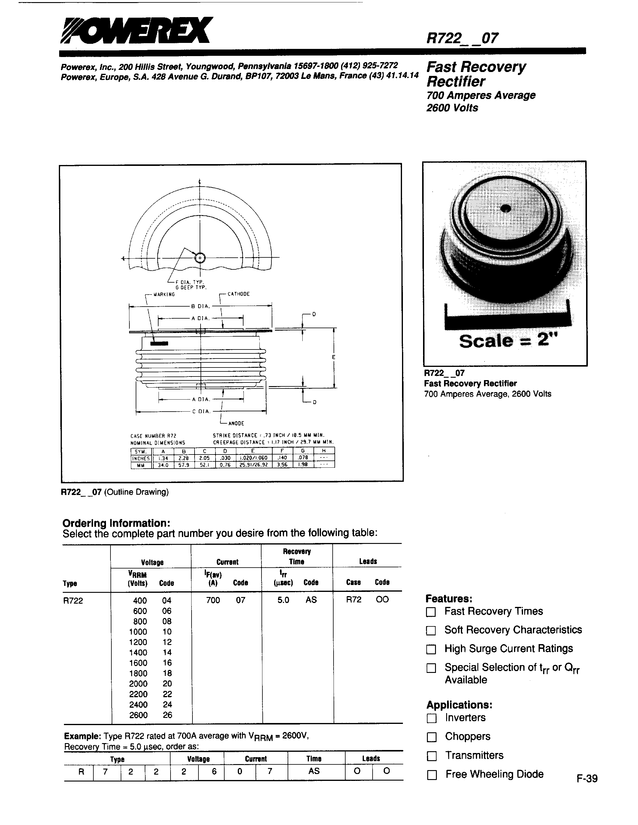 Даташит R7222607 - Fast Recovery Rectifier (700 Amperes Average 2600 Volts) страница 1