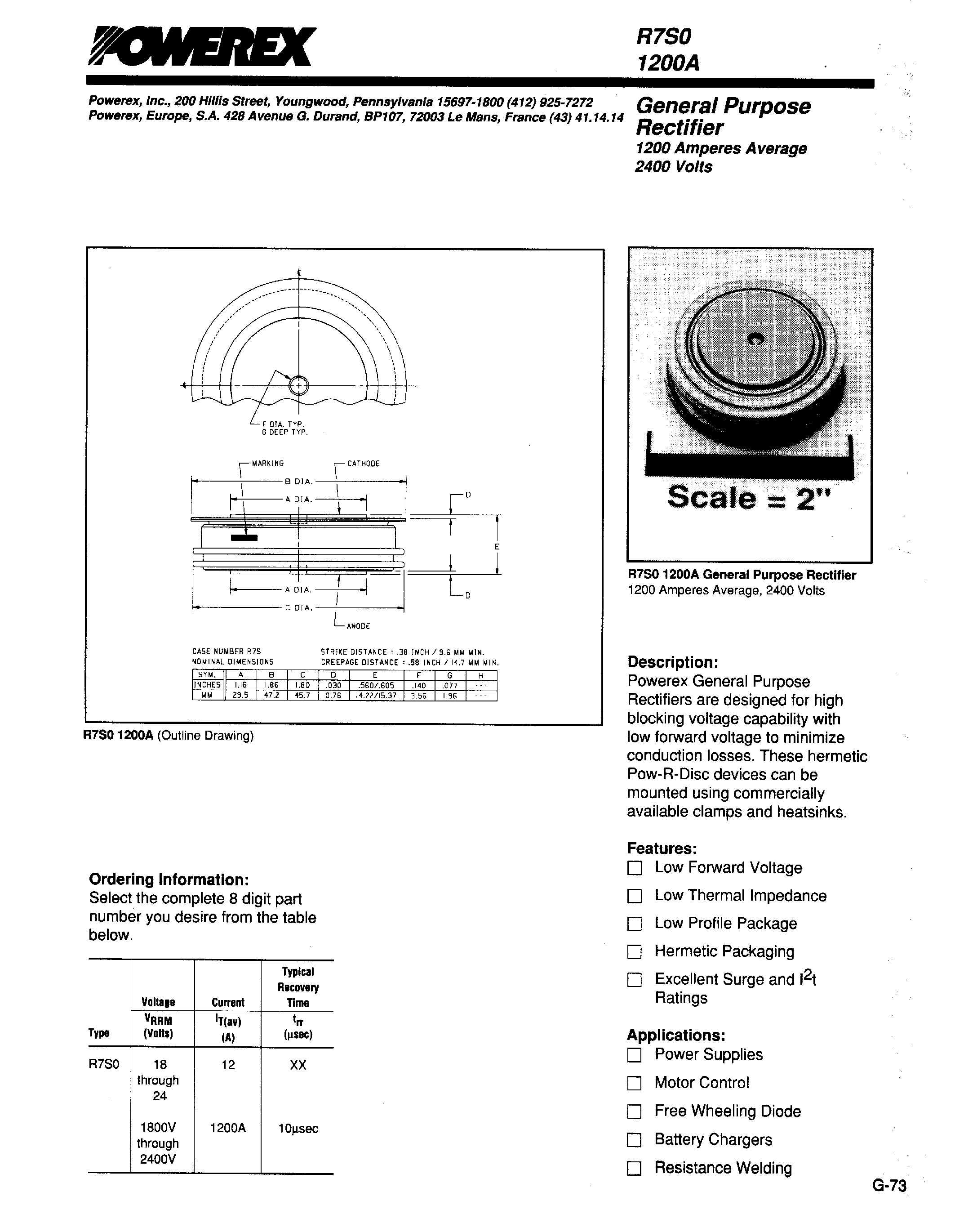 Даташит R7S01200A - General Purpose Rectifier (1200 Amperes Average 2400 Volts) страница 1
