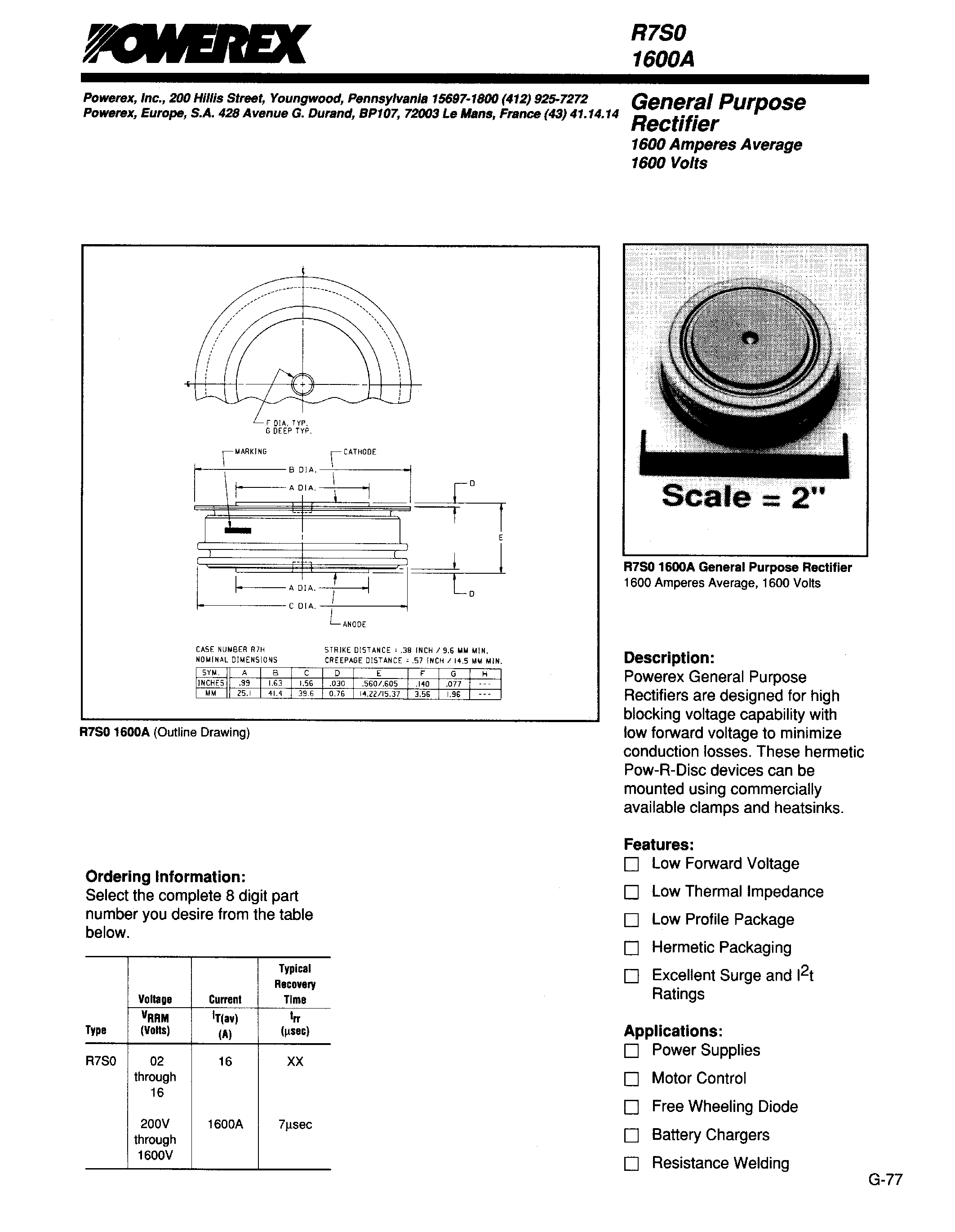 Даташит R7S01600A - General Purpose Rectifier (1600 Amperes Average 1600 Volts) страница 1