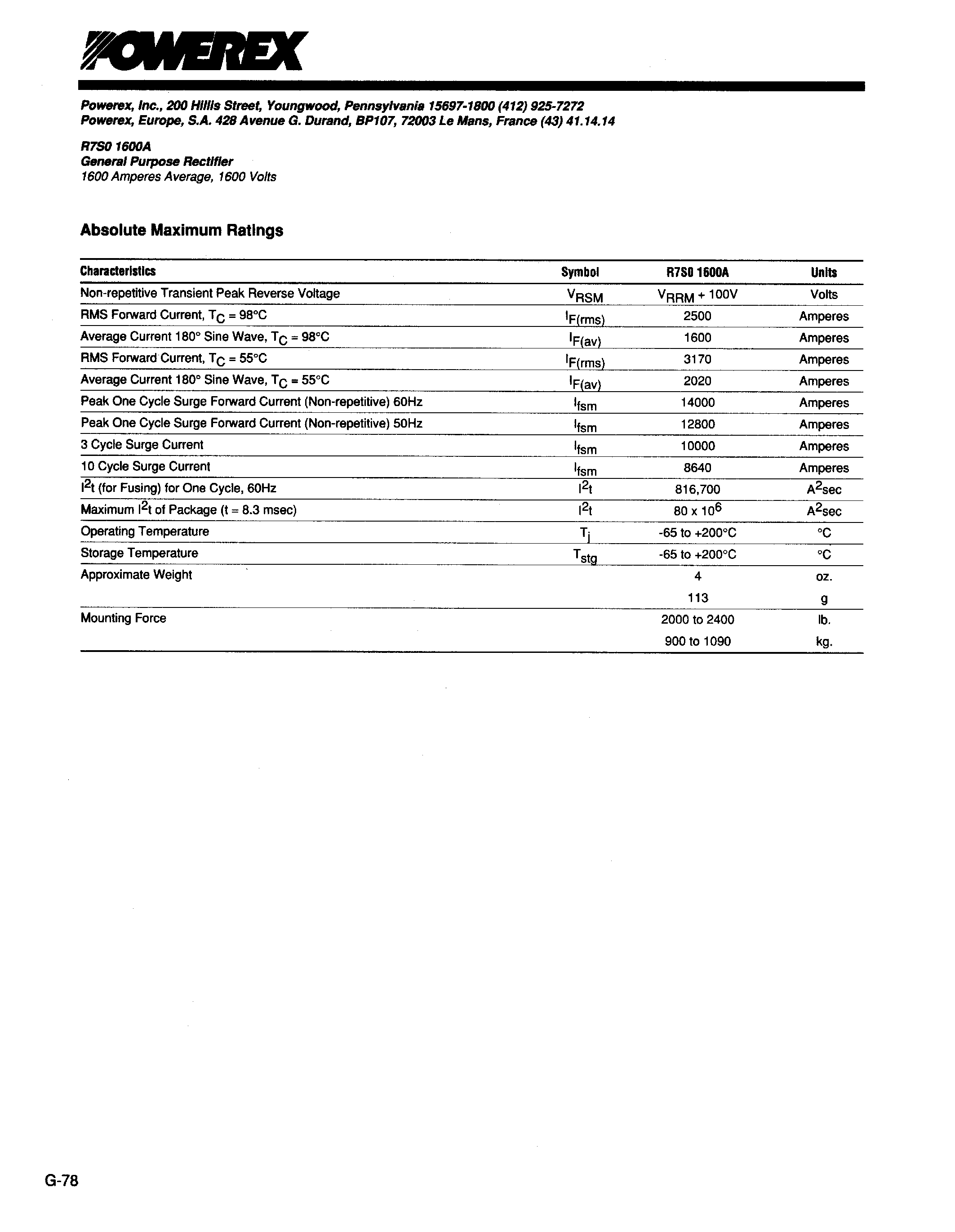 Даташит R7S01600A - General Purpose Rectifier (1600 Amperes Average 1600 Volts) страница 2