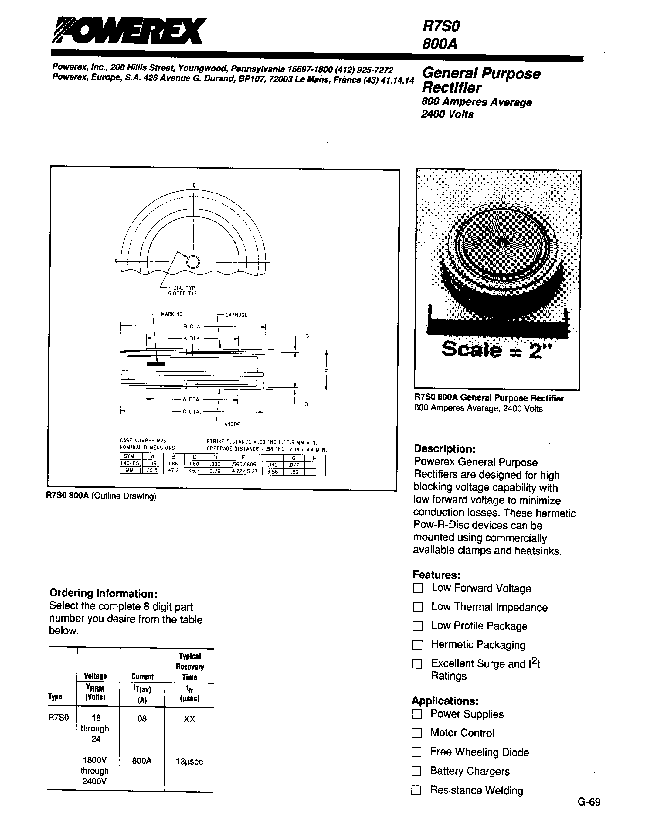 Даташит R7S0800A - General Purpose Rectifier (800 Amperes Average 2400 Volts) страница 1
