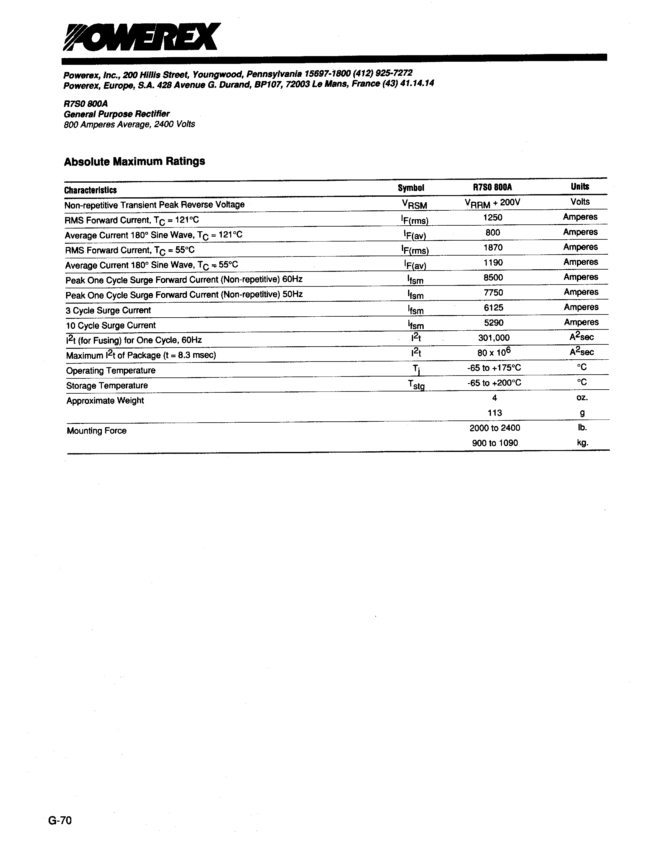 Даташит R7S0800A - General Purpose Rectifier (800 Amperes Average 2400 Volts) страница 2