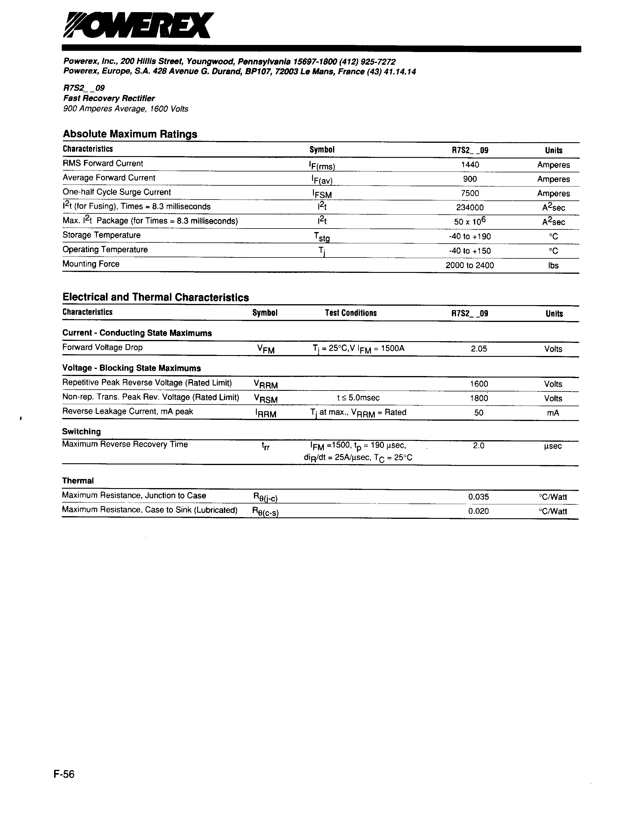 Даташит R7S20609 - Fast Recovery Rectifier (900Amperes Average 1600 Volts) страница 2