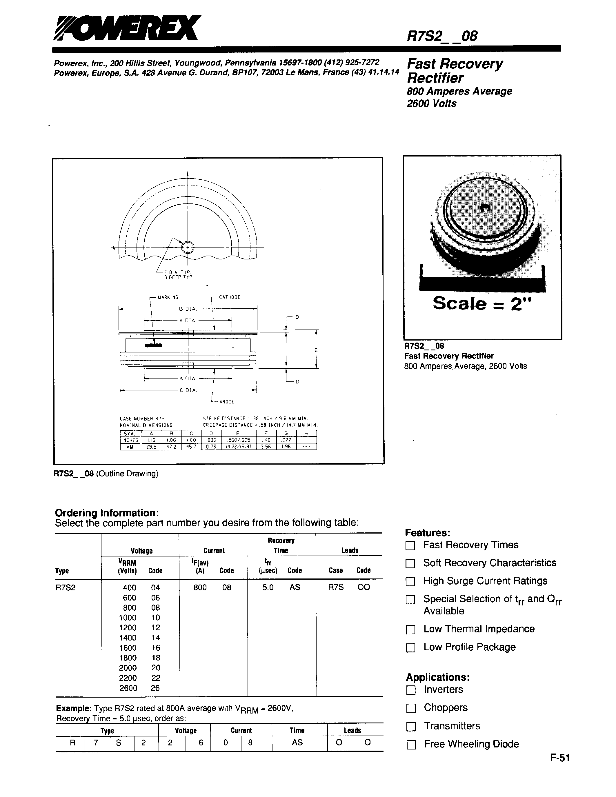 Даташит R7S21008 - Fast Recovery Rectifier (800 Amperes Average 2600 Volts) страница 1