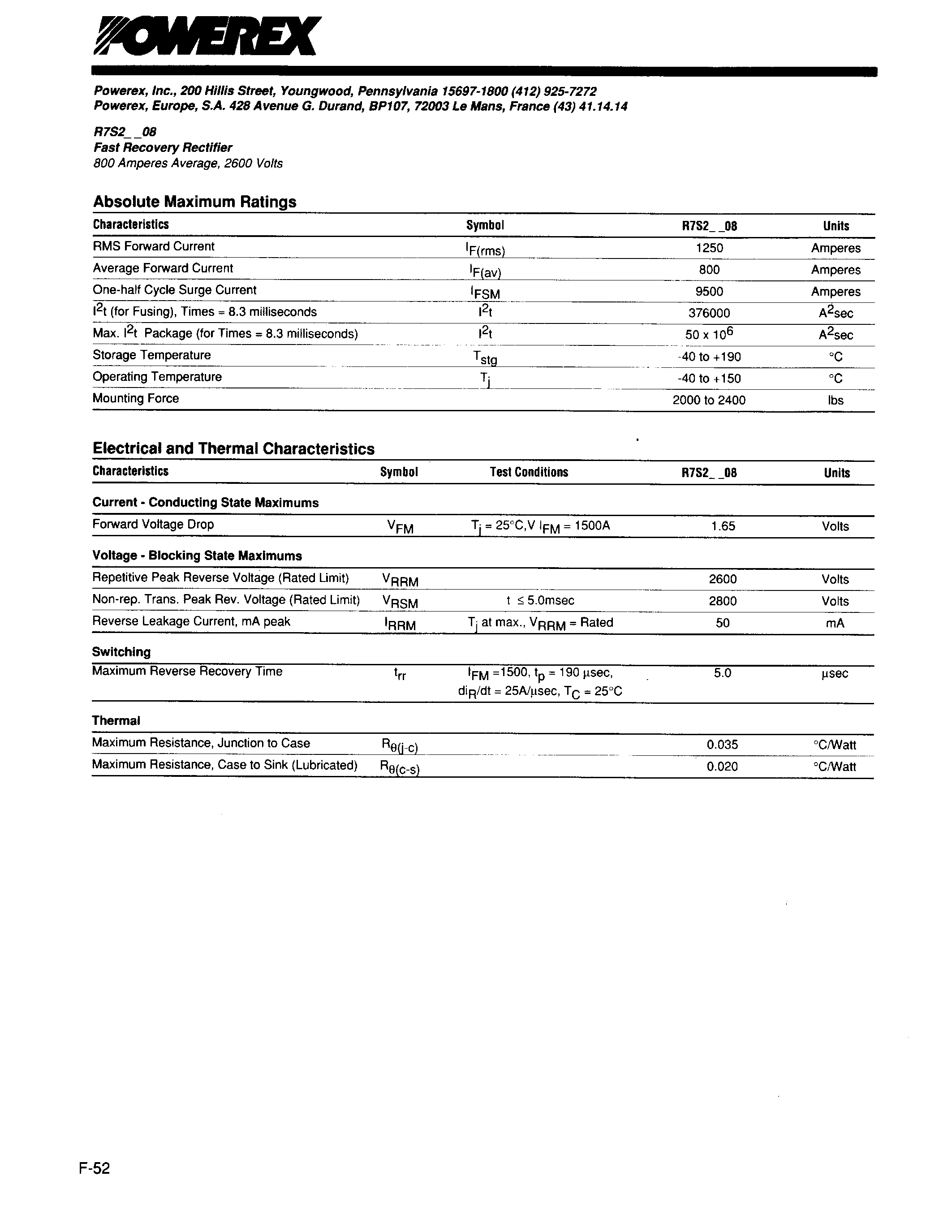 Даташит R7S21008 - Fast Recovery Rectifier (800 Amperes Average 2600 Volts) страница 2