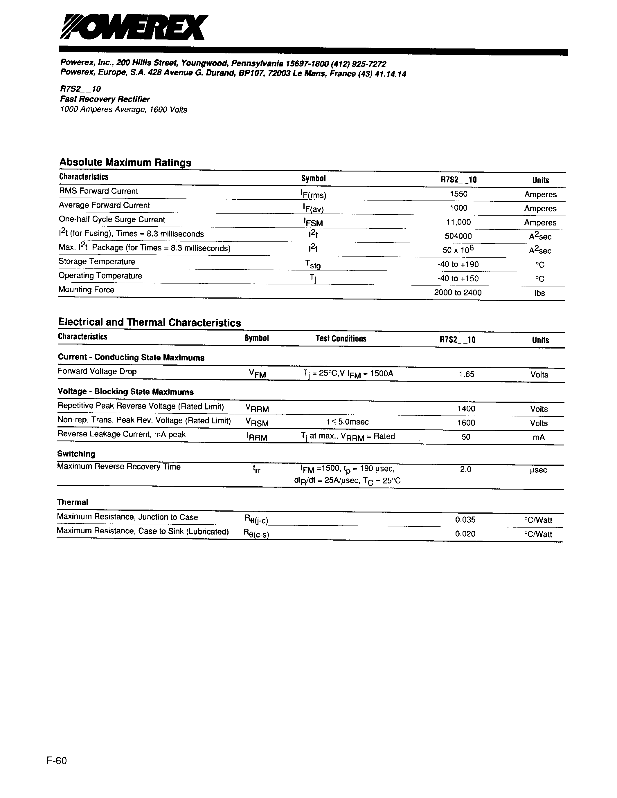 Даташит R7S21410 - Fast Recovery Rectifier (1000Amperes Average 1600 Volts) страница 2