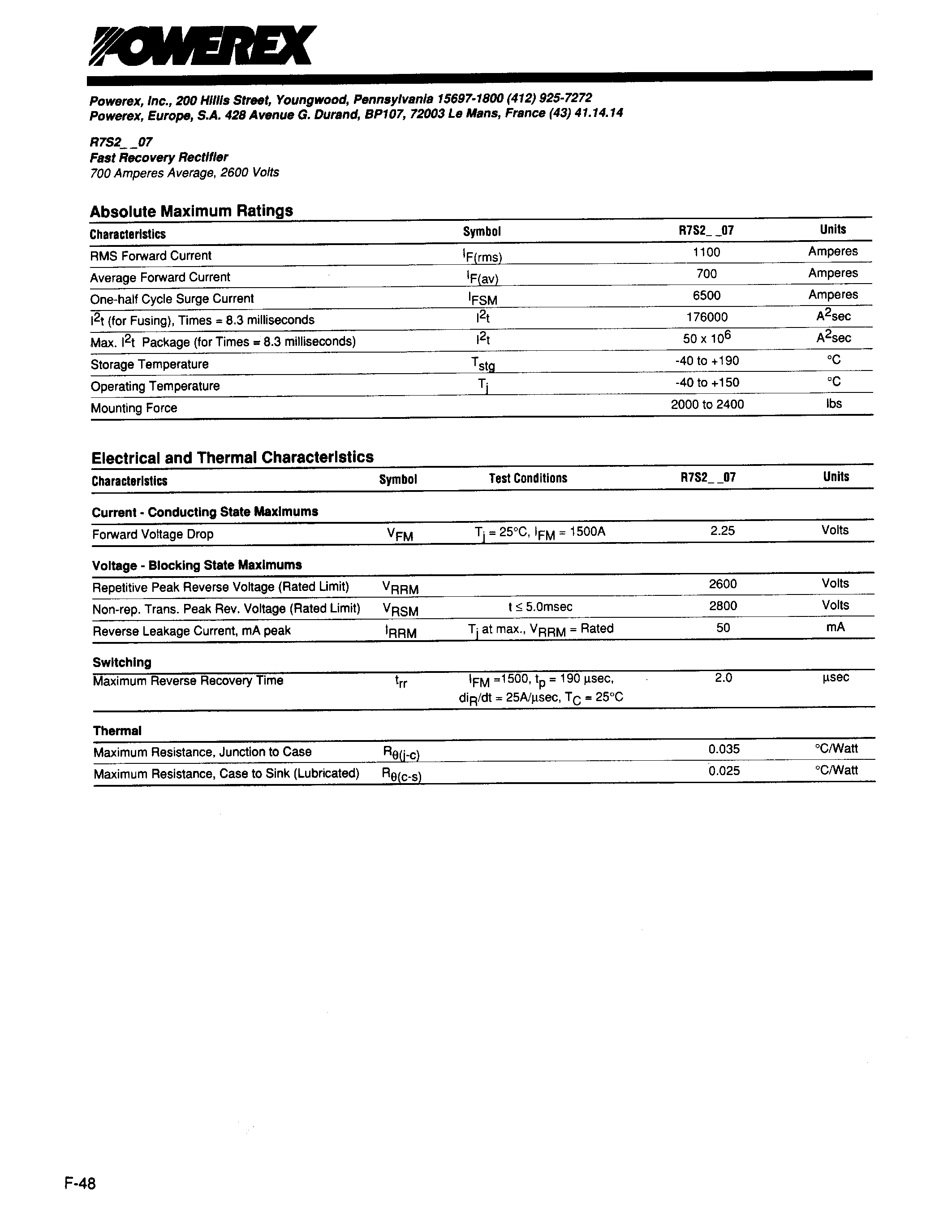 Даташит R7S22607 - Fast Recovery Rectifier (700 Amperes Average 2600 Volts) страница 2