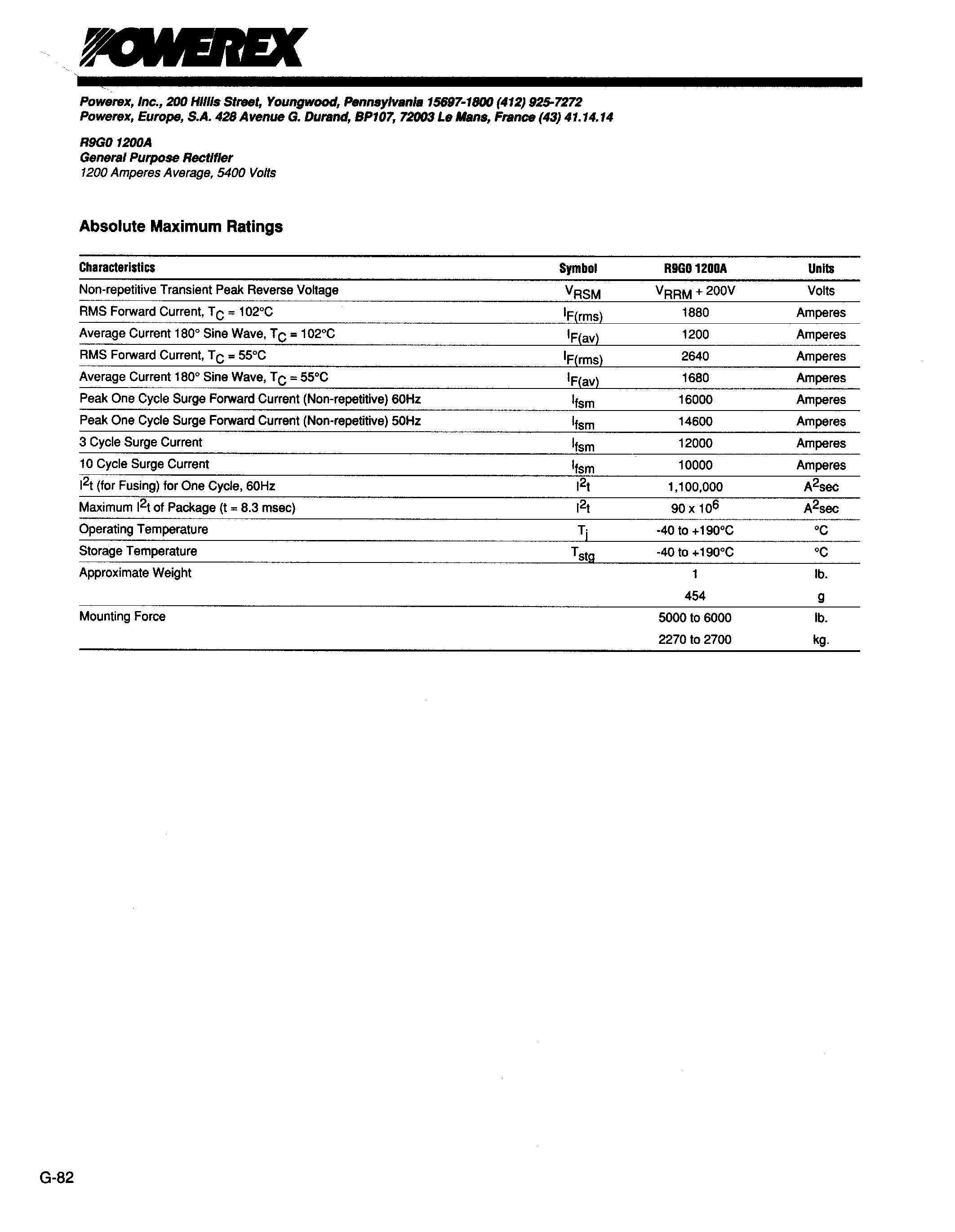 Даташит R9G01200A - General Purpose Rectifier (1200 Amperes Average 5400 Volts) страница 2
