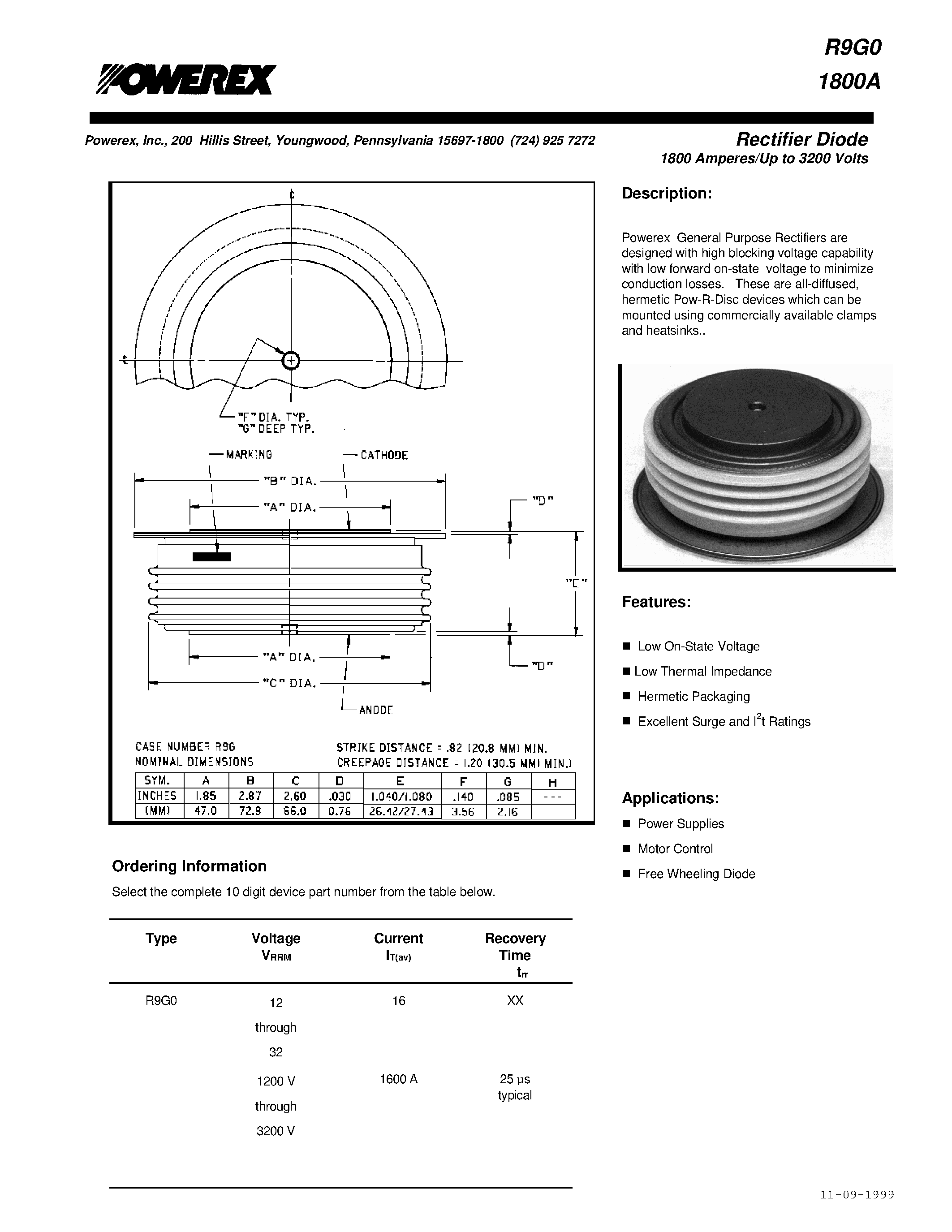 Даташит R9G01800A - Rectifier Diode 1800 Amperes/Up to 3200 Volts страница 1