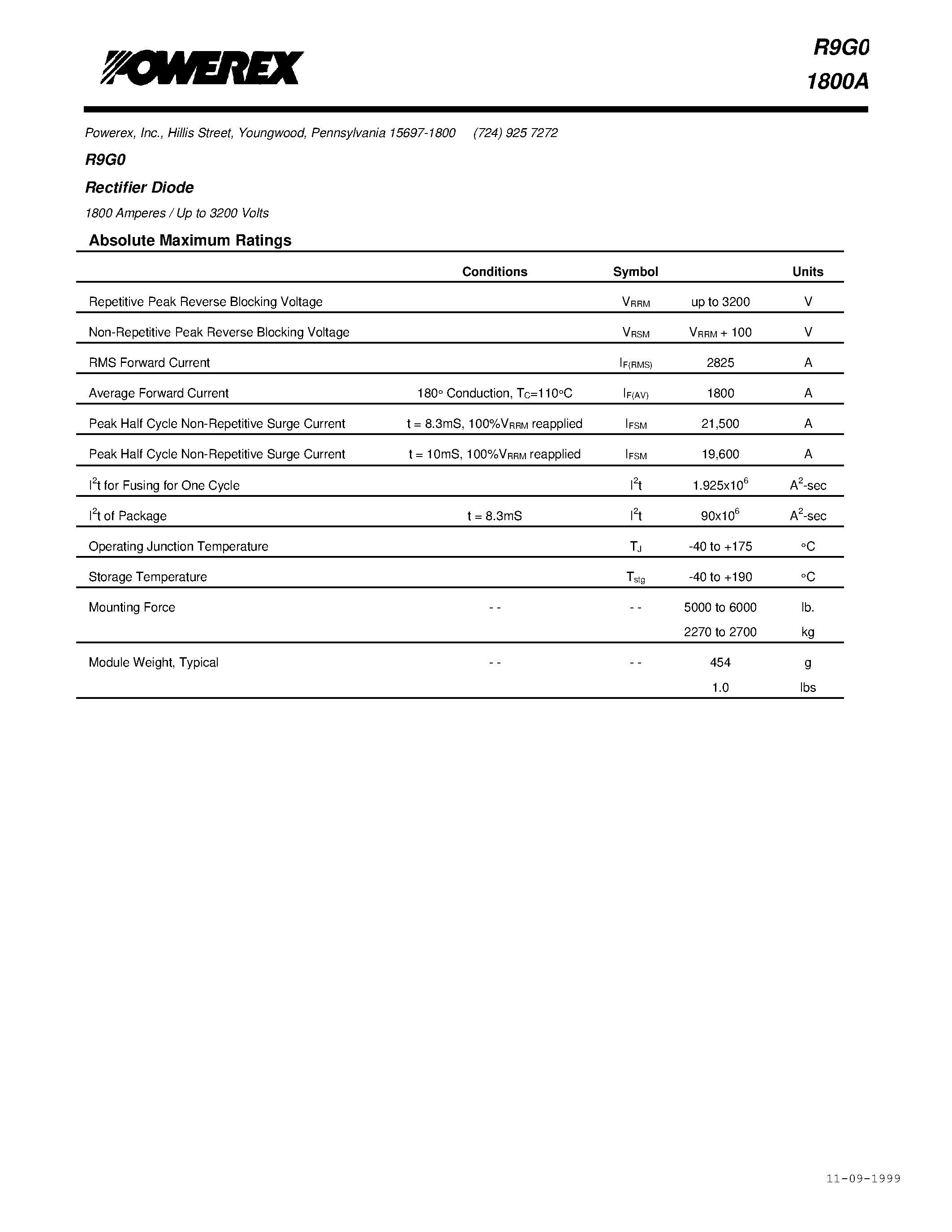 Даташит R9G01800A - Rectifier Diode 1800 Amperes/Up to 3200 Volts страница 2