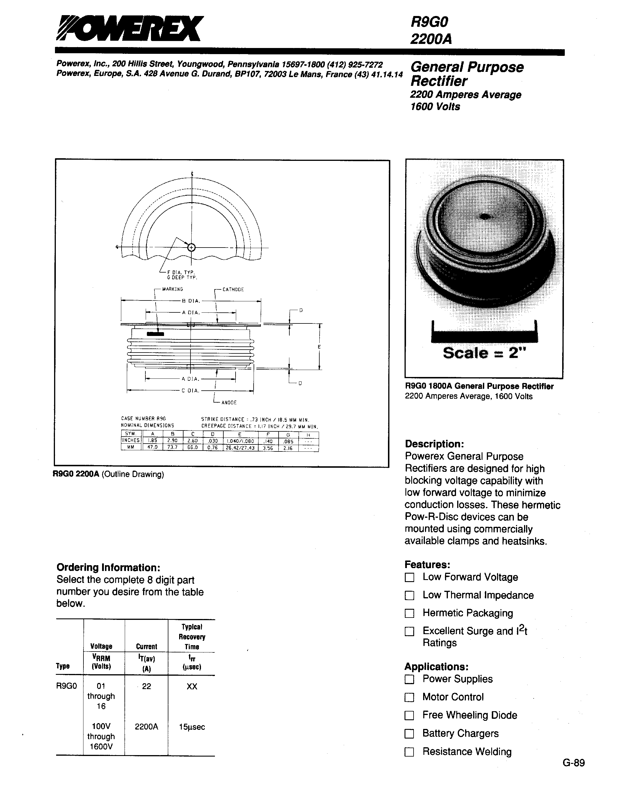 Даташит R9G02200A - General Purpose Rectifier (2200 Amperes Average 1600 Volts) страница 1