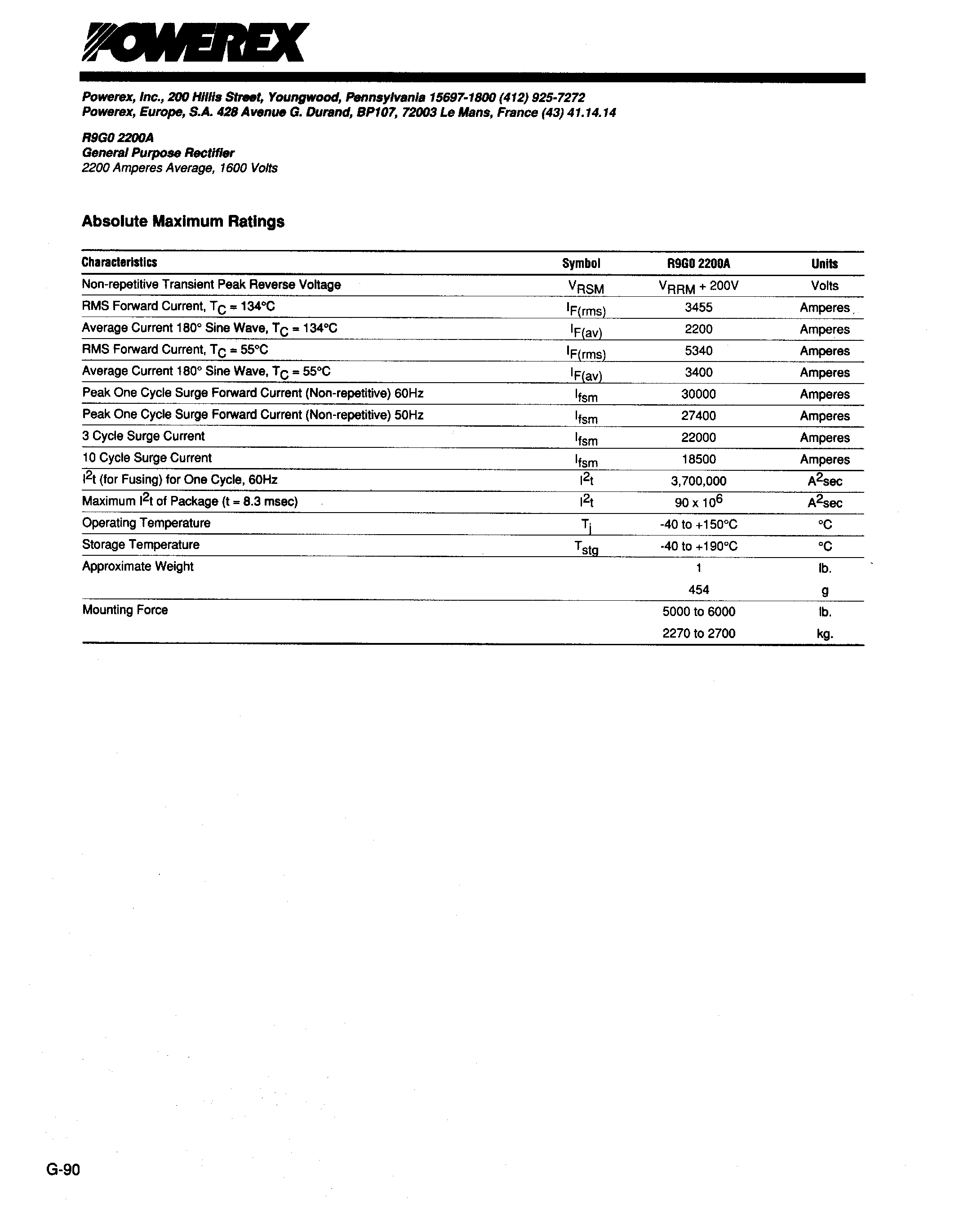 Даташит R9G02200A - General Purpose Rectifier (2200 Amperes Average 1600 Volts) страница 2