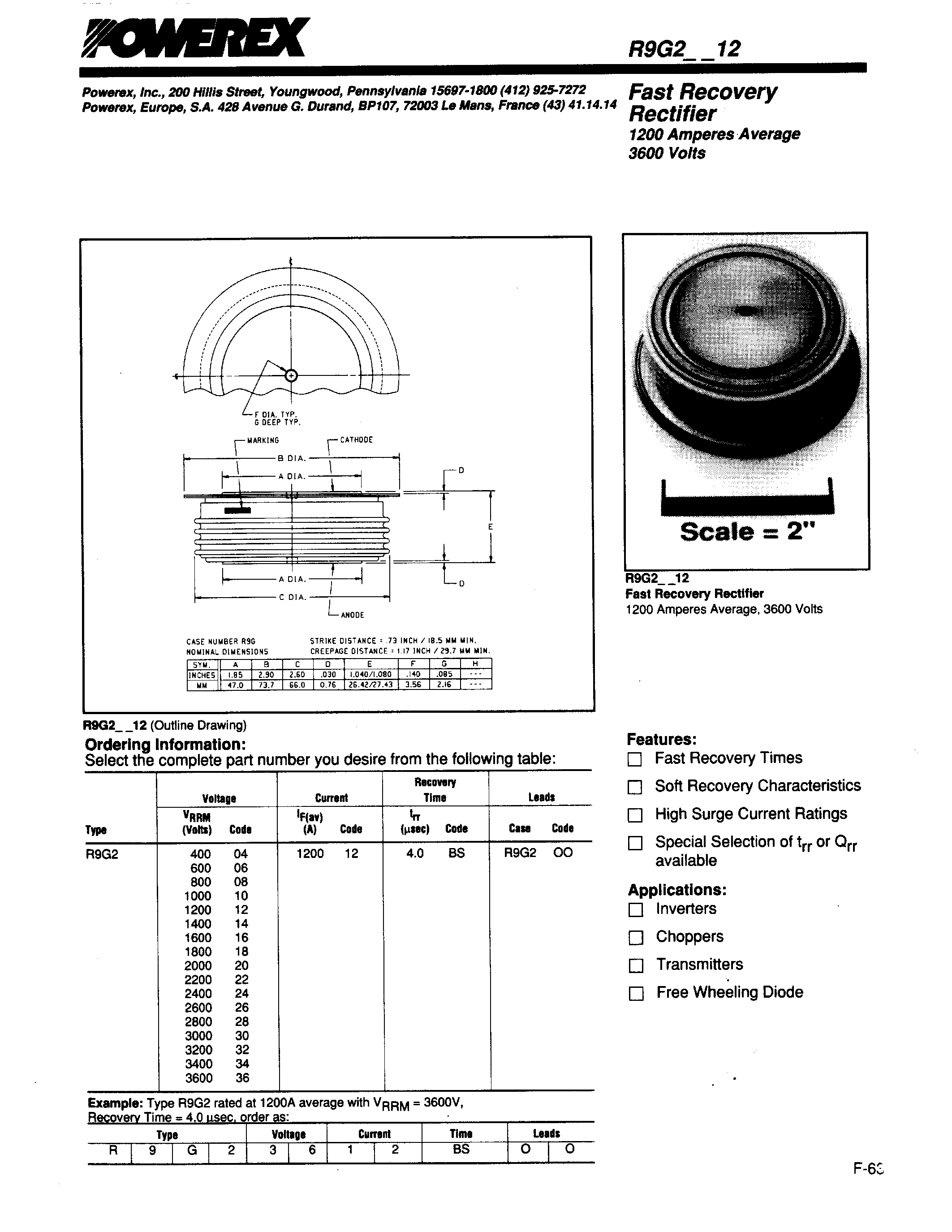 Даташит R9G20412 - Fast Recovery Rectifier (1200Amperes Average 3600 Volts) страница 1