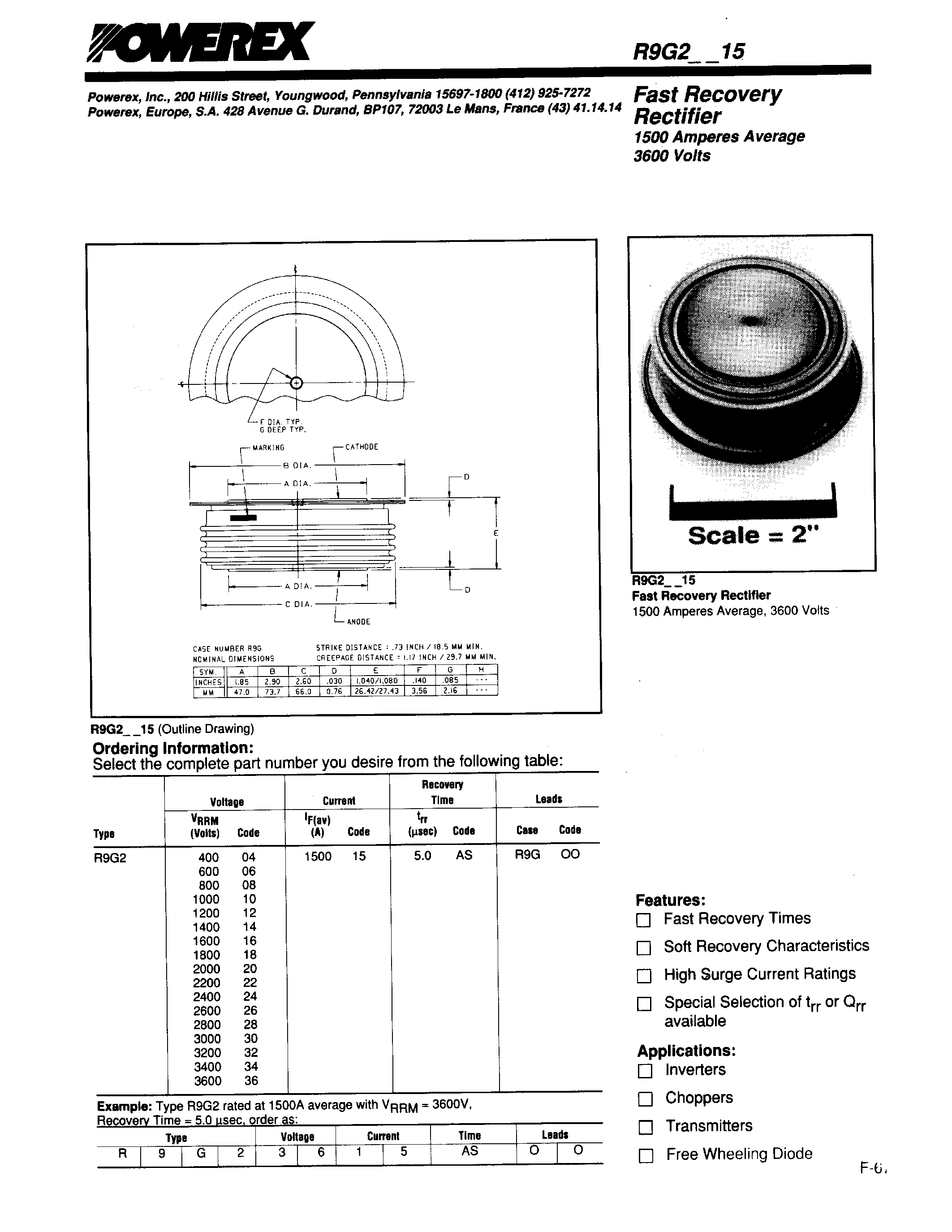 Даташит R9G22415 - Fast Recovery Rectifier (1500 Amperes Average 3600 Volts) страница 1