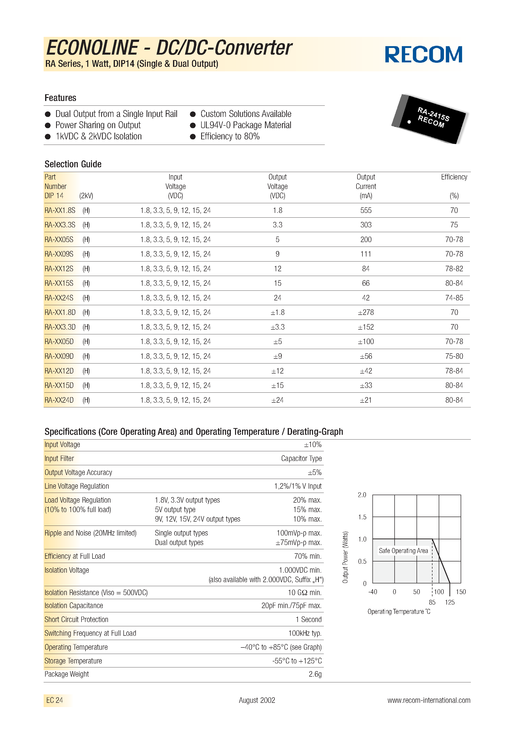Datasheet RA-3.324S - ECONOLINE - DC/DC - CONVERTER page 1