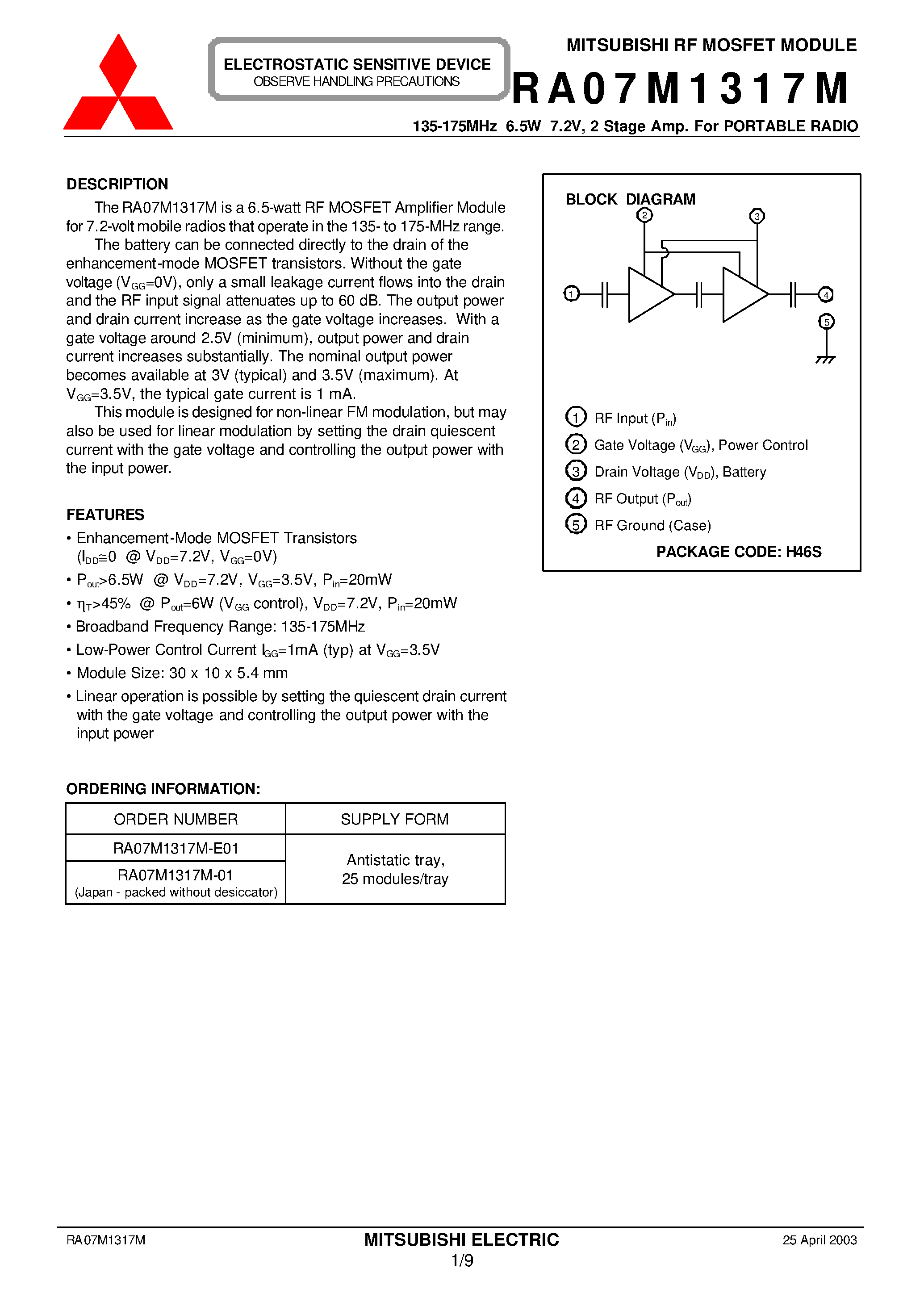 Даташит на микросхему RA07M1317M-01 страница 1 Даташит RA07M1317M-01 - 135-175MHz 6.5W 7.2V/ 2 Stage Amp. For PORTABLE RADIO страница 1