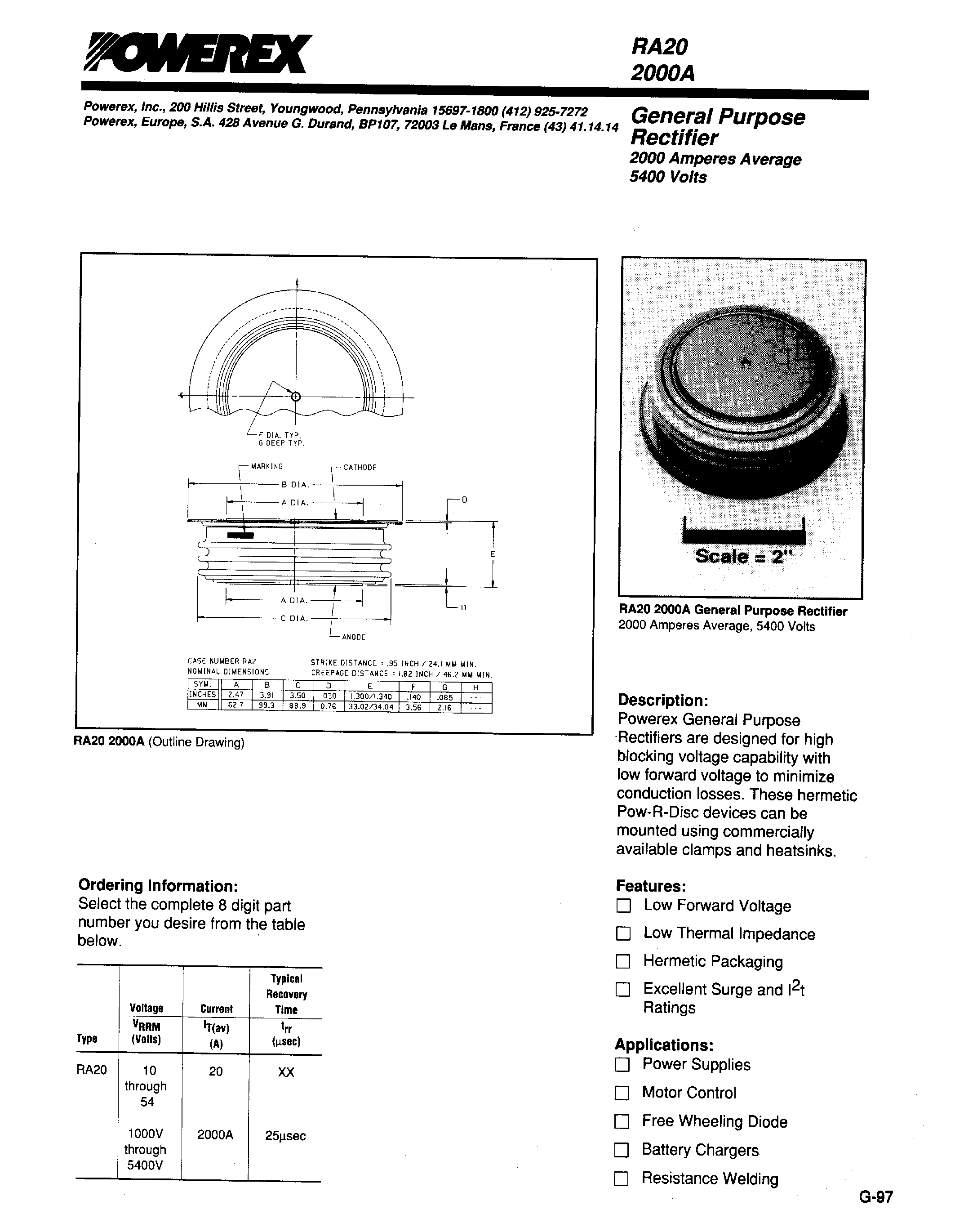 Даташит RA202000A - General Purpose Rectifier (2000 Amperes Average 5400 Volts) страница 1
