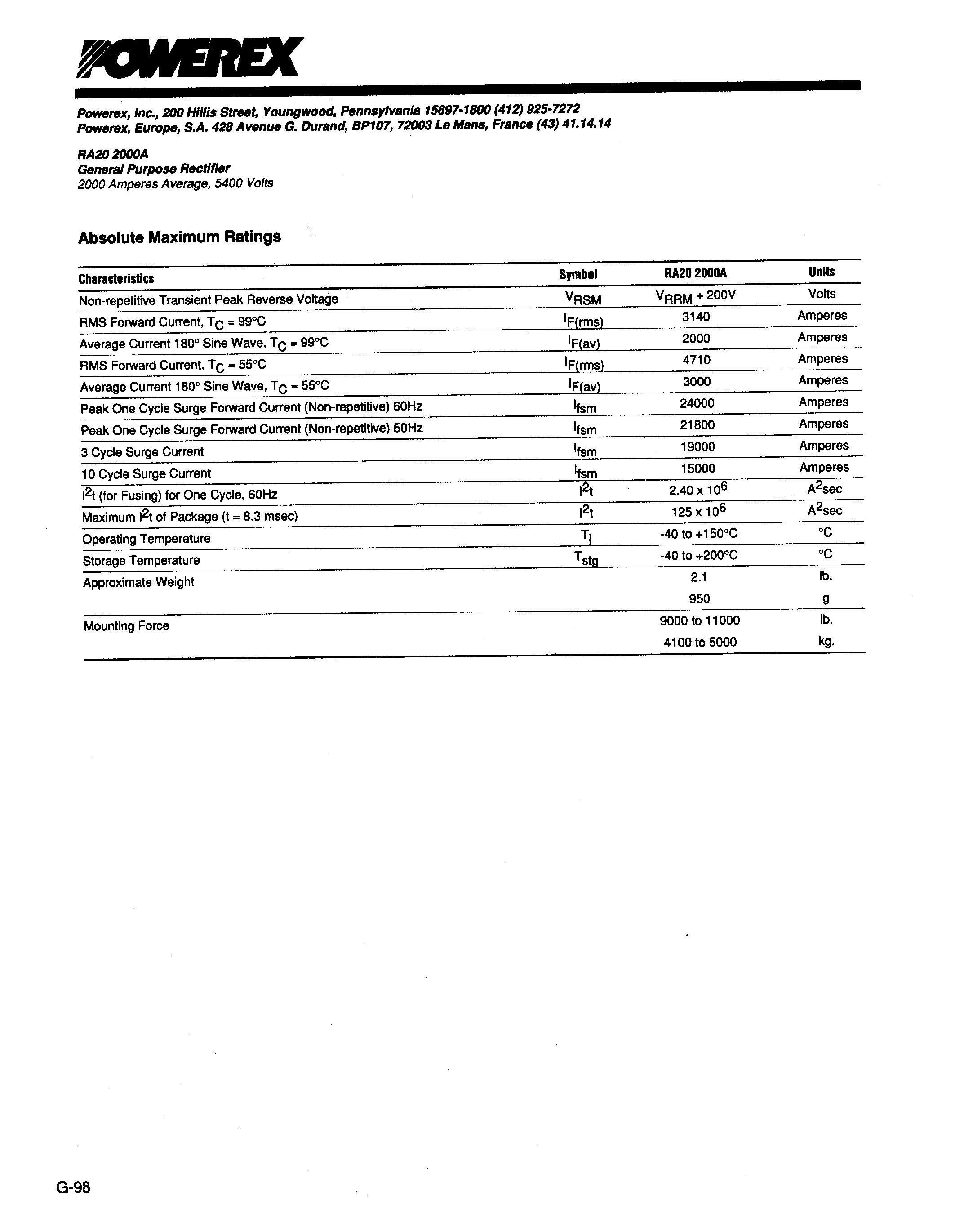 Даташит RA202000A - General Purpose Rectifier (2000 Amperes Average 5400 Volts) страница 2