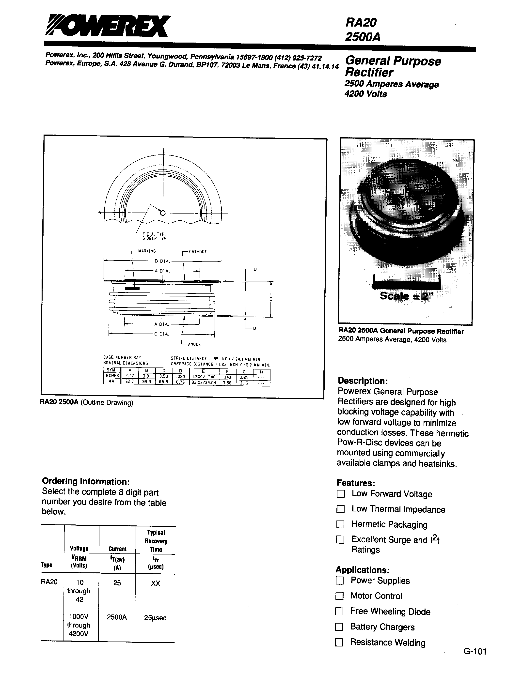 Даташит RA202500A - General Purpose Rectifier (2500 Amperes Average 4200 Volts) страница 1
