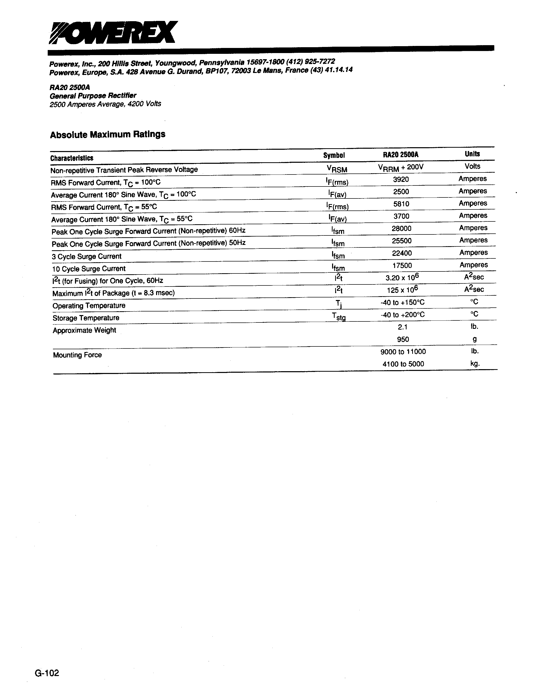 Даташит RA202500A - General Purpose Rectifier (2500 Amperes Average 4200 Volts) страница 2