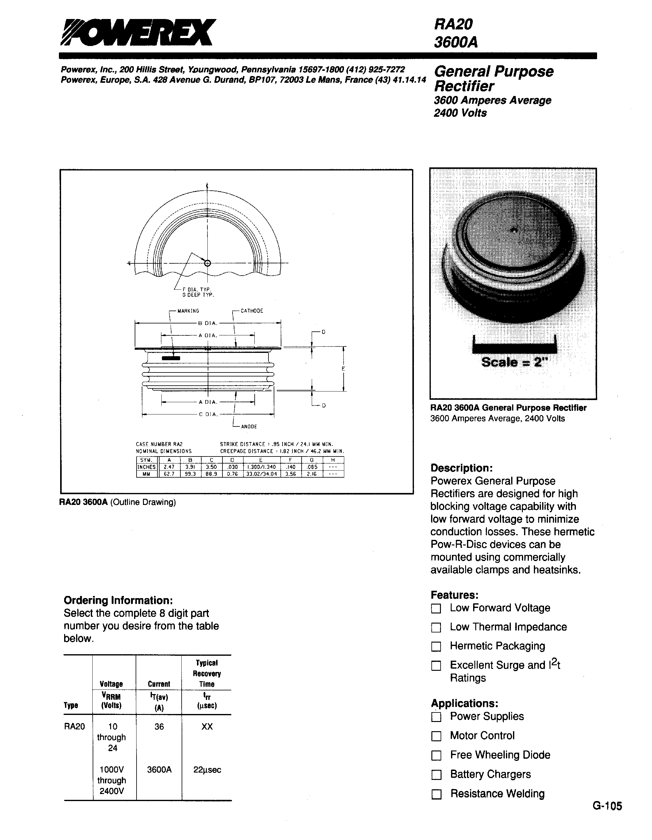 Даташит RA203600A - General Purpose Rectifier (3600 Amperes Average 2400 Volts) страница 1