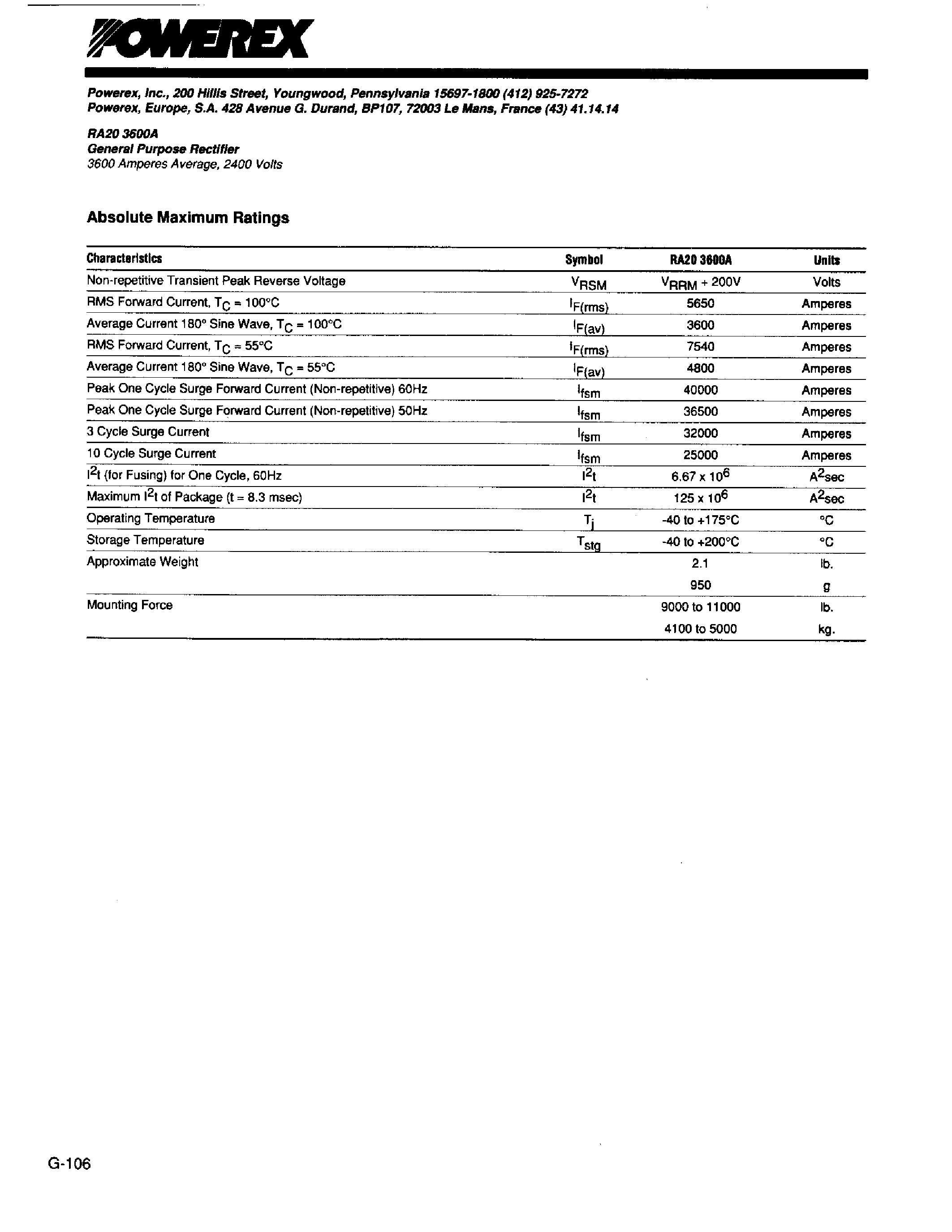 Даташит RA203600A - General Purpose Rectifier (3600 Amperes Average 2400 Volts) страница 2