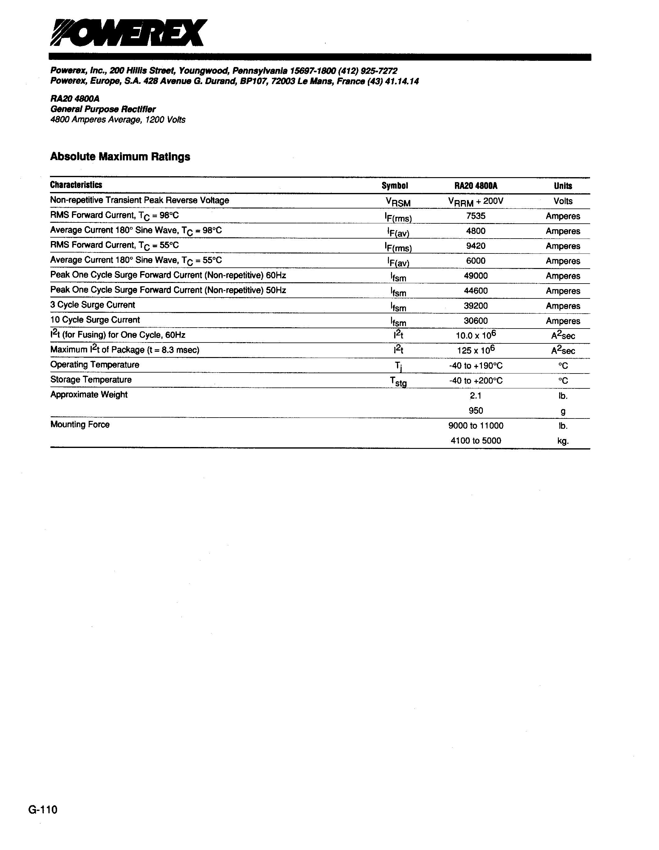 Даташит RA204800A - General Purpose Rectifier (4800 Amperes Average 1200 Volts) страница 2