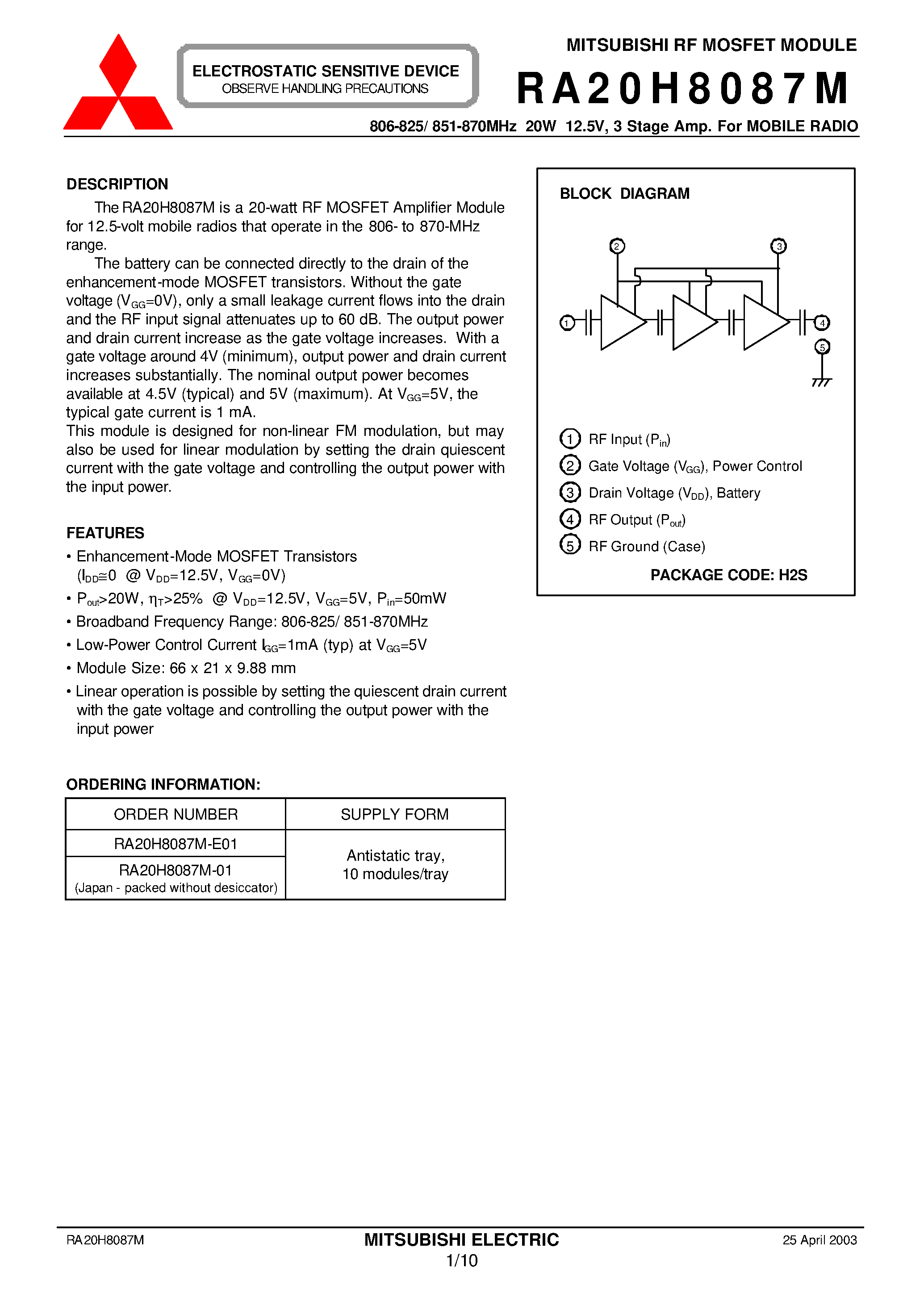 Datasheet RA20H8087M-E01 - 806-825/ 851-870MHz 20W 12.5V/ 3 Stage Amp. For MOBILE RADIO page 1