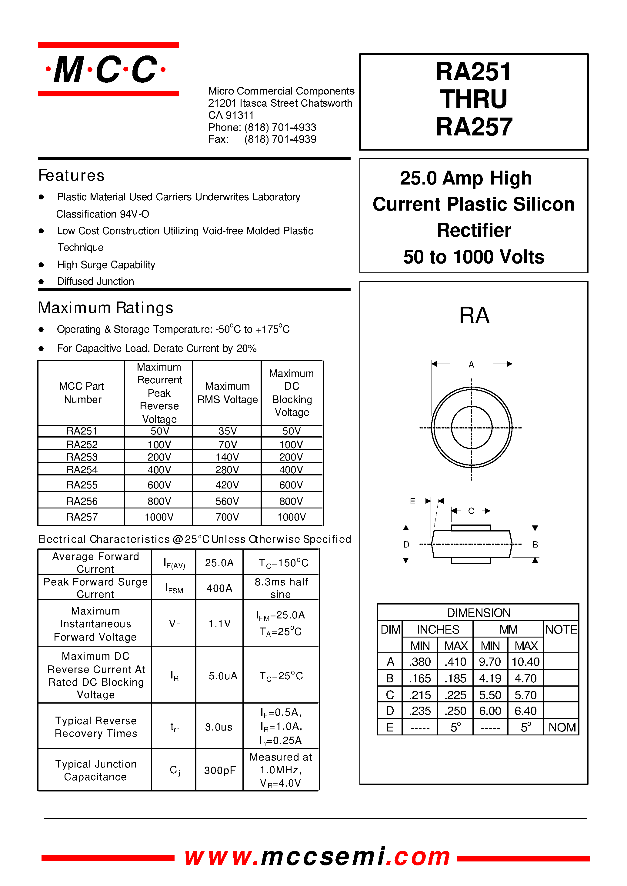 Datasheet RA252 - 25.0 Amp High Current Plastic Silicon Rectifier 50 to 1000 Volts page 1