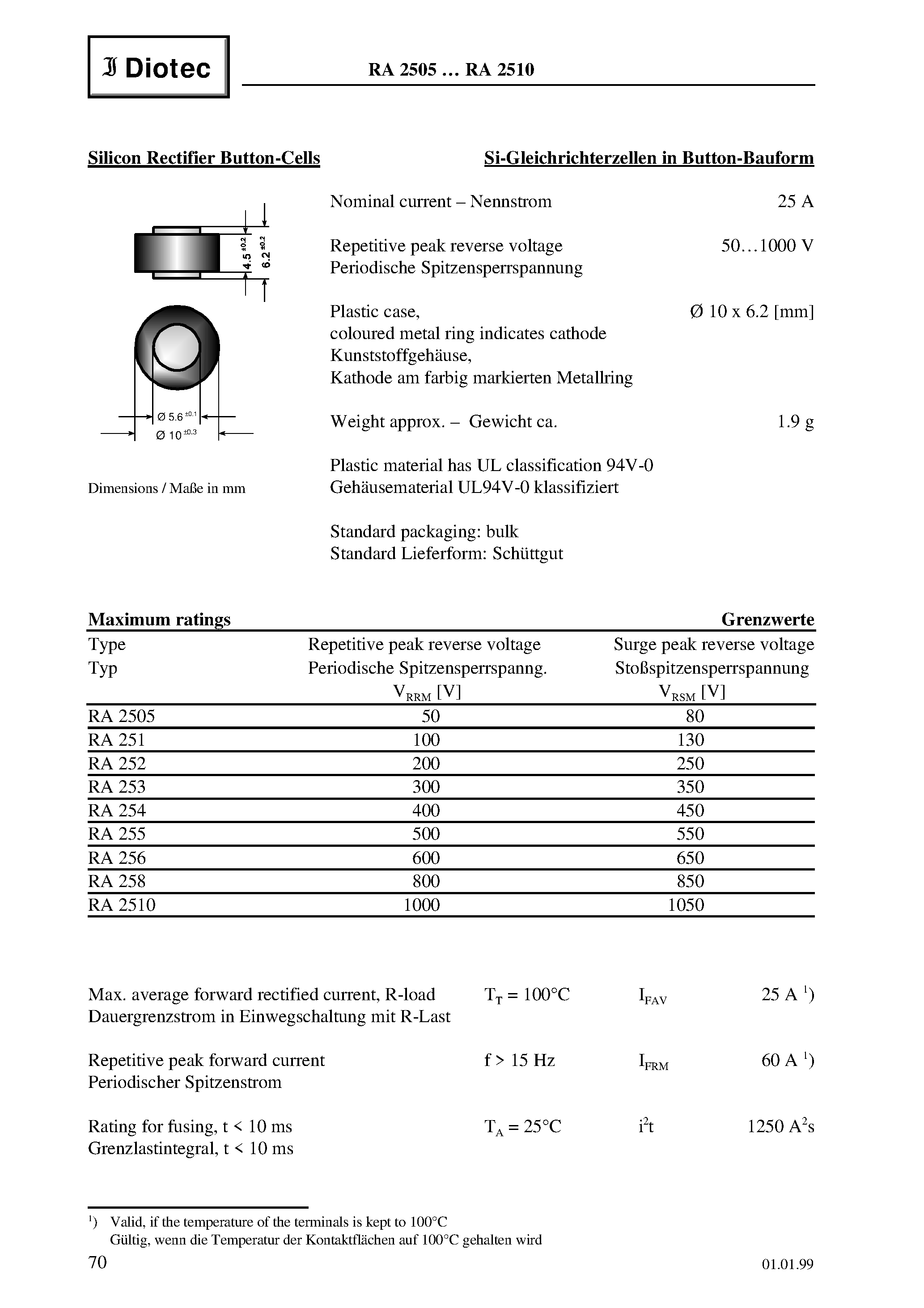 Даташит RA258 - Silicon Rectifier Button-Cells страница 1