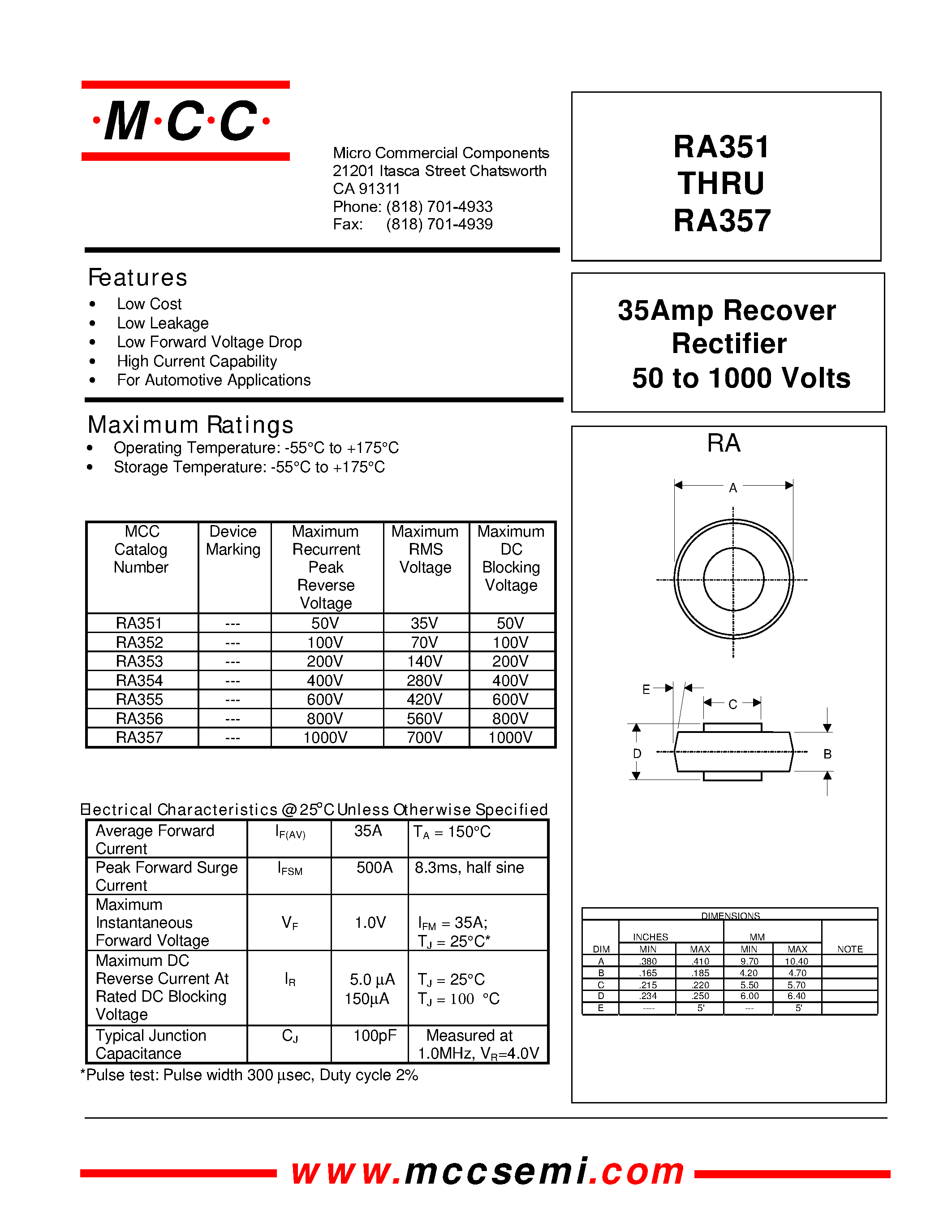 Даташит RA354 - 35Amp Recover Rectifier 50 to 1000 Volts страница 1