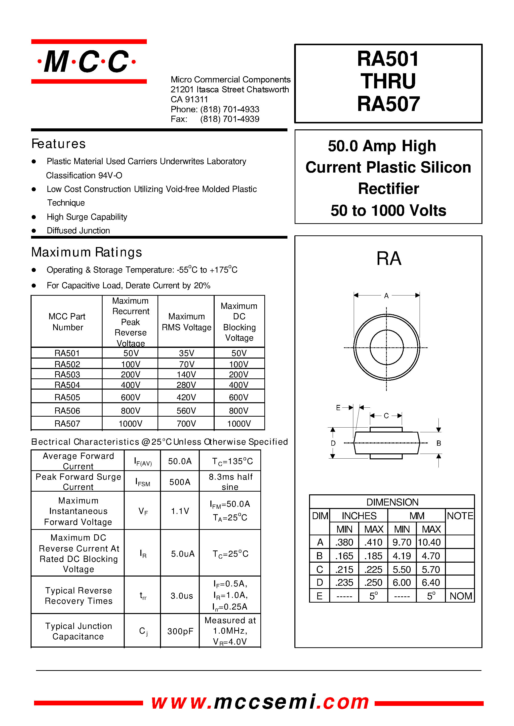 Datasheet RA507 - 50.0 Amp High Current Plastic Silicon Rectifier 50 to 1000 Volts page 1