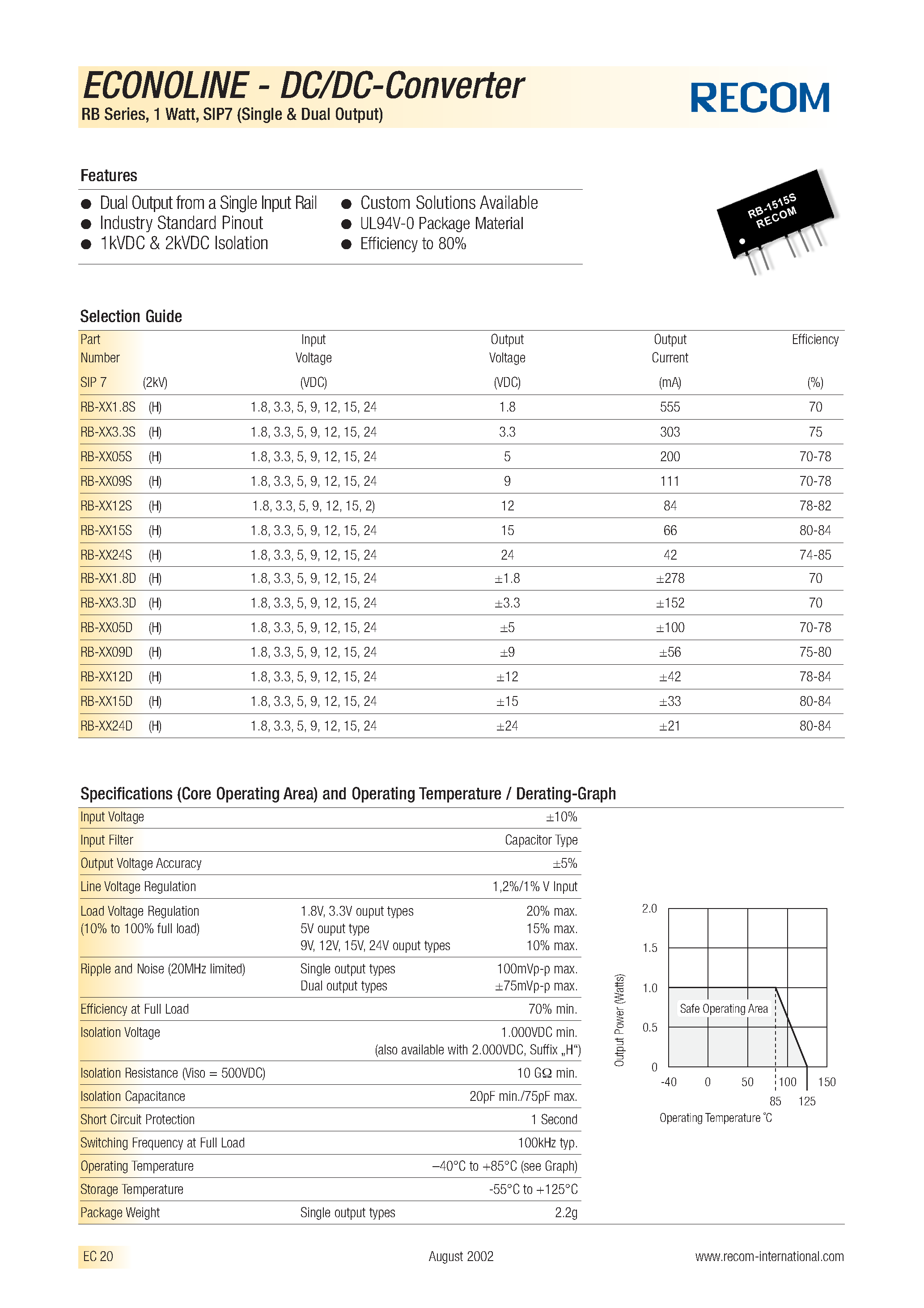 Datasheet RB-3.305S - ECONOLINE - DC/DC - CONVERTER page 1