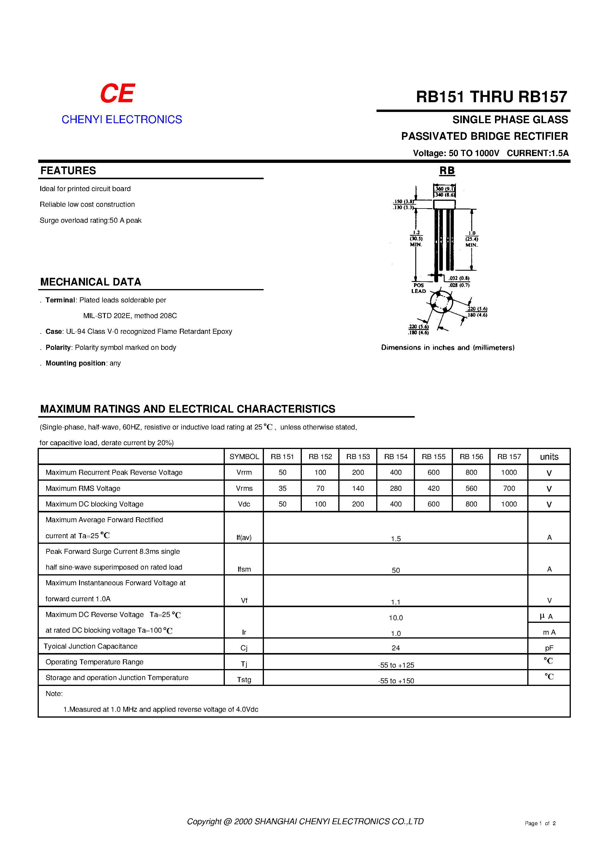Даташит RB151 - SINGLE PHASE GLASS PASSIVATED BRIDGE RECTIFIER страница 1