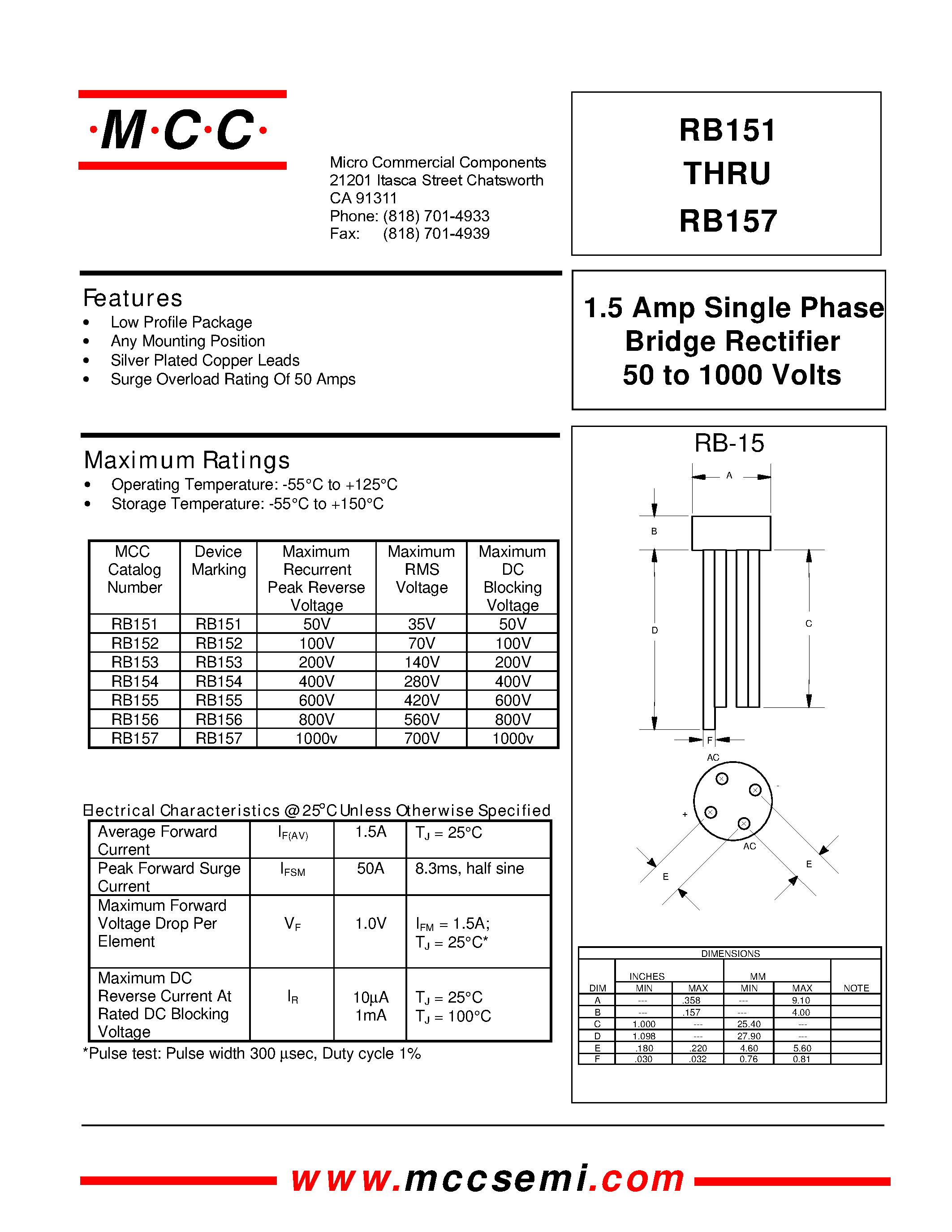 Datasheet RB152 - 1.5 Amp Single Phase Bridge Rectifier 50 to 1000 Volts page 1
