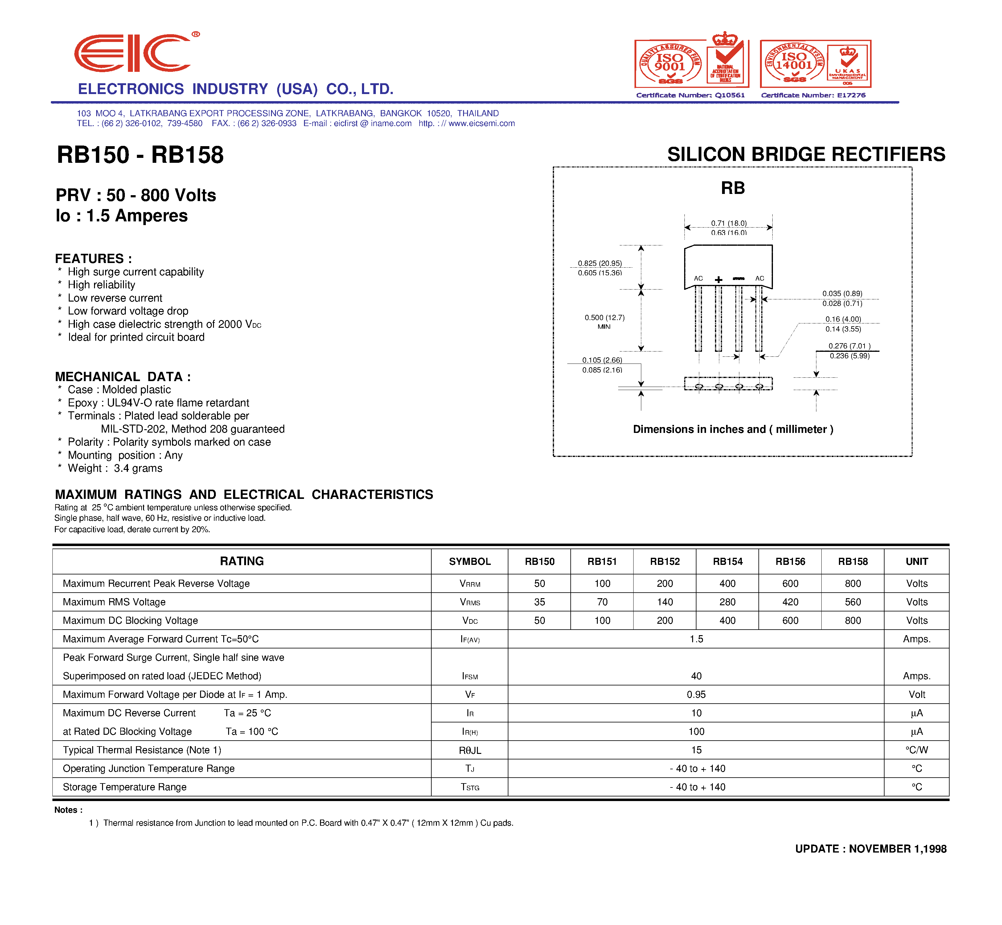 Datasheet RB152 page 1 Datasheet RB152 - SILICON BRIDGE RECTIFIERS page 1