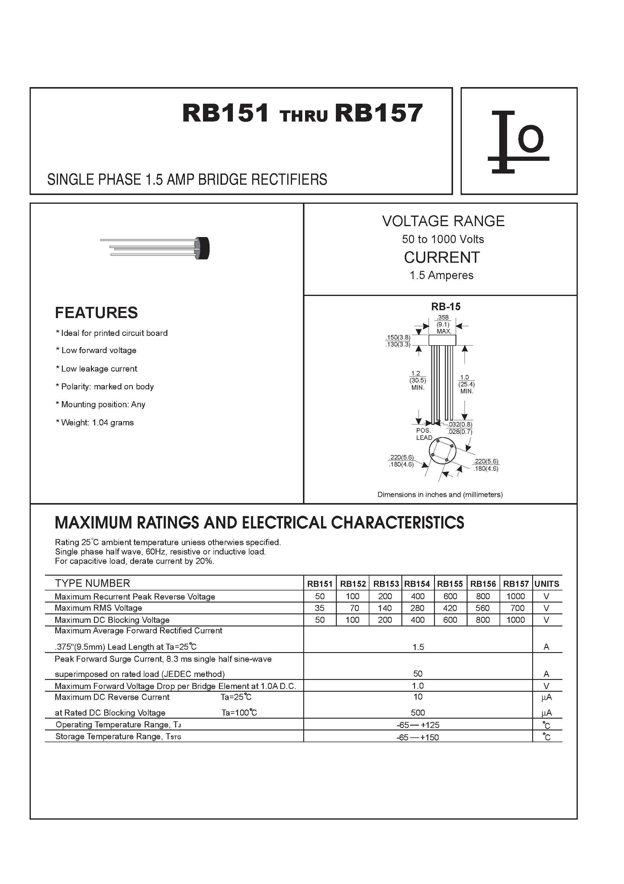 Datasheet RB153 - SINGLE PHASE 1.5 AMP BRIDGE RECTIFIERS page 1